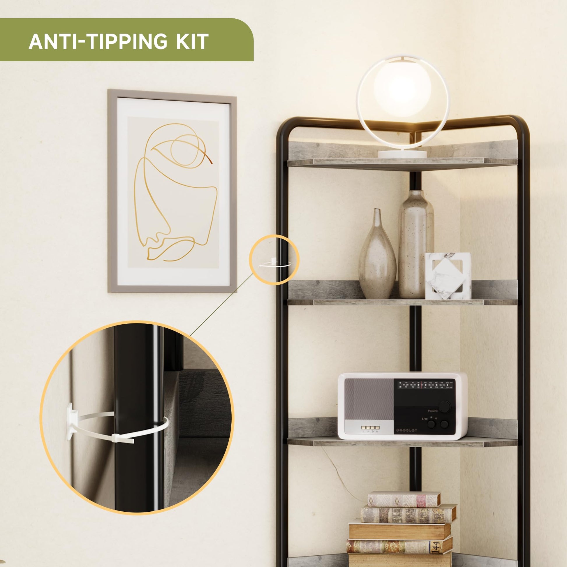 Mobile Angolare Garvee da 70.9 pollici, libreria a 5 ripiani, struttura in metallo, legno, rustico, industriale, stabile, piedini regolabili, soggiorno, ufficio, cucina, grigio