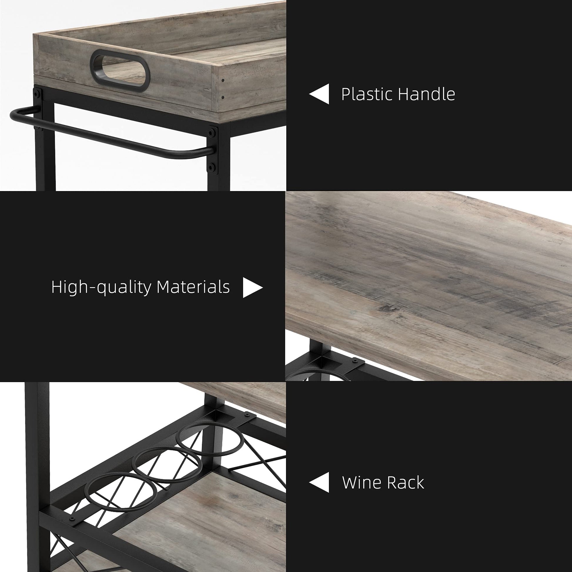 Carrello bar Garvee con 3 ripiani e portabottiglie, ruote con freni, vassoio rimovibile, metallo grigio, versatile per casa e feste