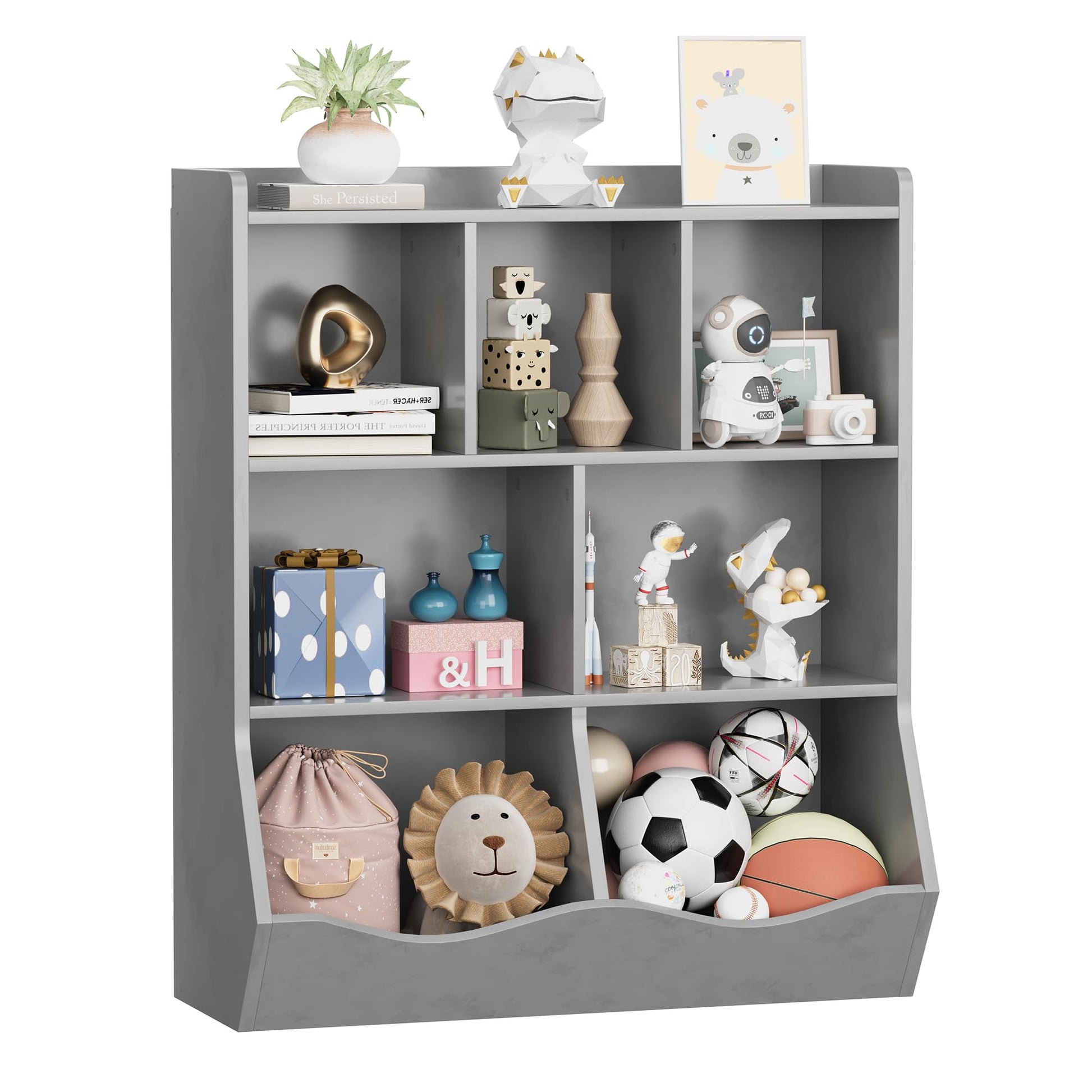Mobiletto portaoggetti per bambini Garvee Grey, libreria a 3 ripiani, robusto, antiribaltamento, 5 ripiani, camera da letto e sala giochi, legno, grigio