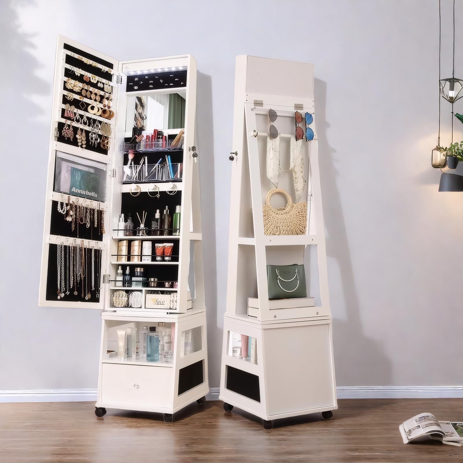 Mobiletto portagioie girevole a 360° Garvee con specchio a figura intera, illuminazione a LED, rivestimento in velluto, bianco, camera da letto, con serratura