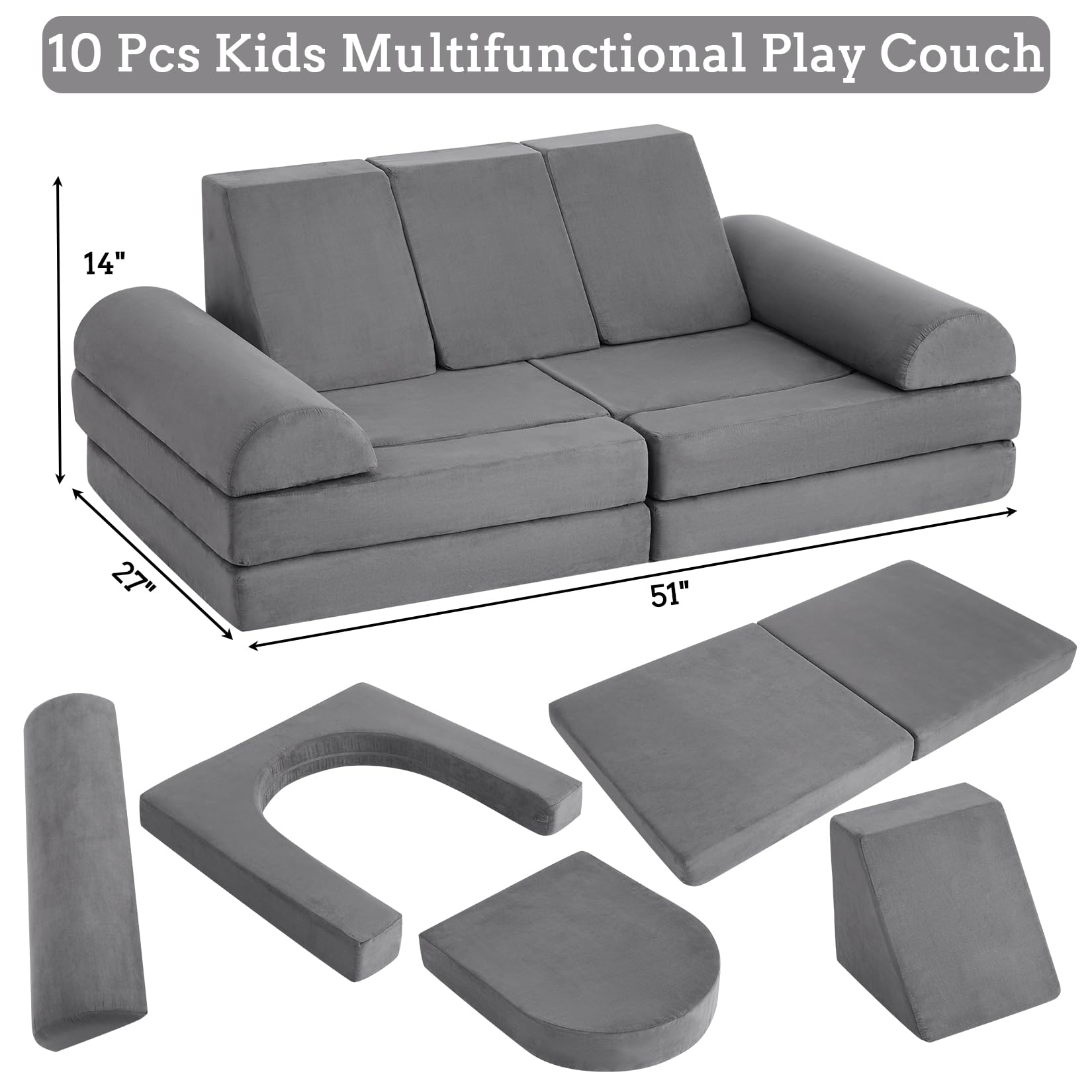 Divano modulare per bambini Garvee 10 pezzi, divano trasformabile in schiuma, microsuede di lusso, grigio scuro, gioco creativo nella cameretta dei bambini