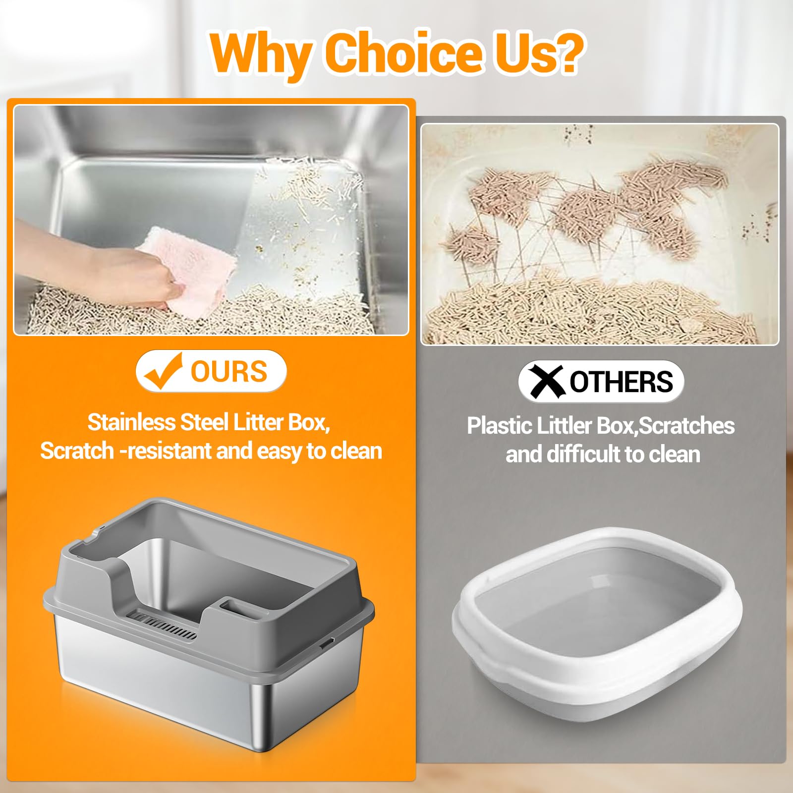 Garvee, grande lettiera per gatti in acciaio inox da 36 litri, semi-chiusa, con tappetino antiscivolo e paletta per lettiera, per famiglie con più gatti, 60x40x27 cm, grigio
