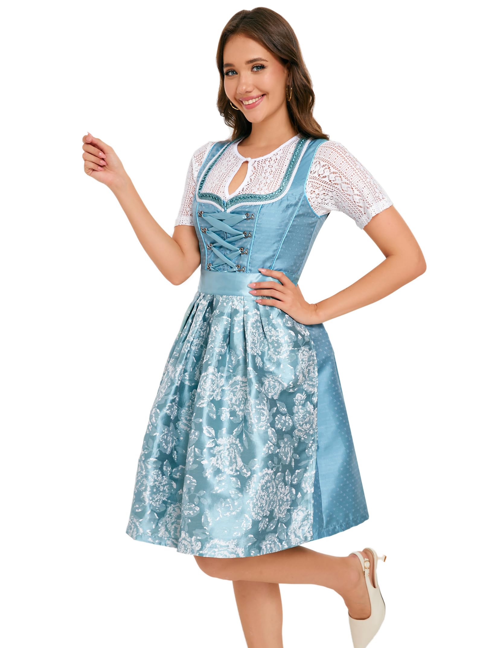 Garvee Dirndl da donna in jacquard, abito tradizionale midi, 3 pezzi, per l'Oktoberfest, blu, taglia 34