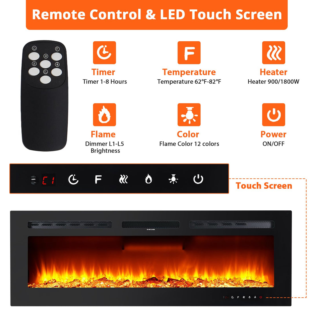 Camino elettrico Garvee da 60 pollici con effetto fiamma LED realistico, due livelli di riscaldamento e telecomando