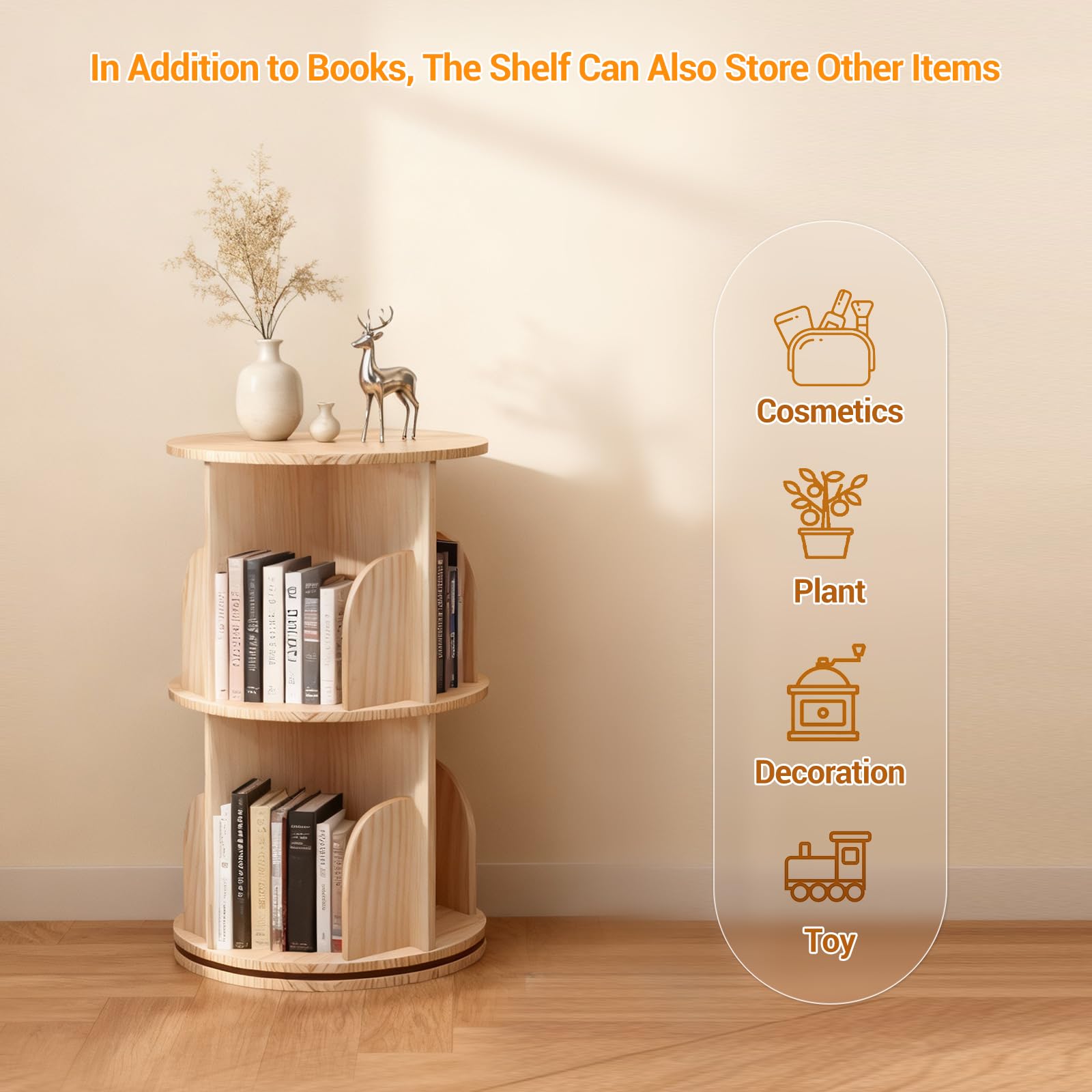 Libreria girevole a 360° Garvee, scaffale indipendente in legno massello per bambini e adulti, Ø39 cm, altezza 67 cm, legno naturale