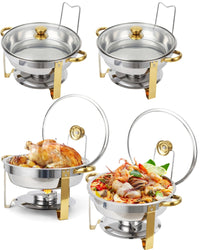 Set di scaldavivande Garvee, 4 pezzi, 5 QT, acciaio inossidabile, coperchi in vetro con bordo dorato, controllo della temperatura, catering premium