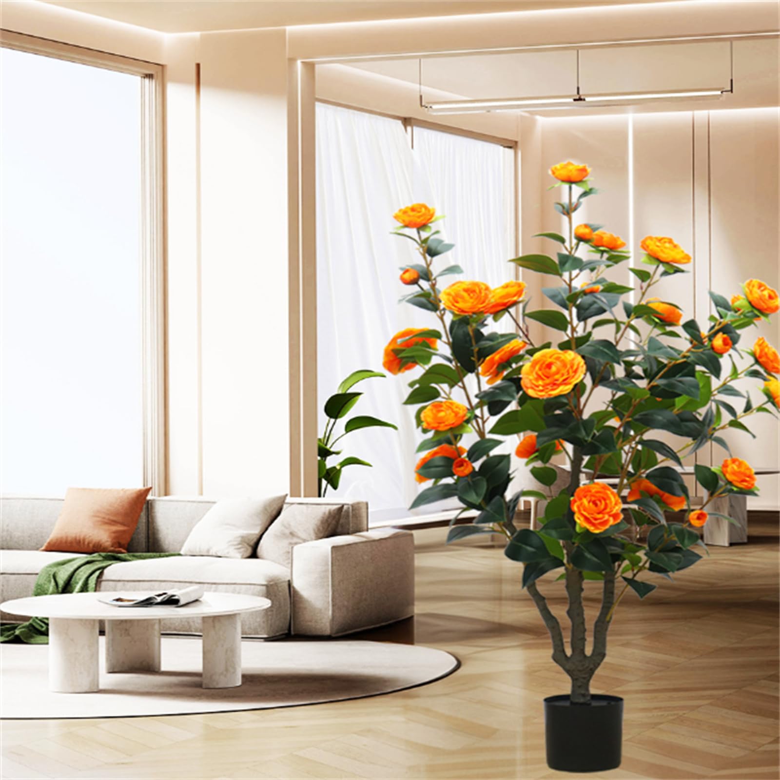 Garvee Albero di camelia artificiale 1 pezzo da 3,28 piedi con fiori realistici, resistente ai raggi UV, facile da pulire per uso interno ed esterno, verde