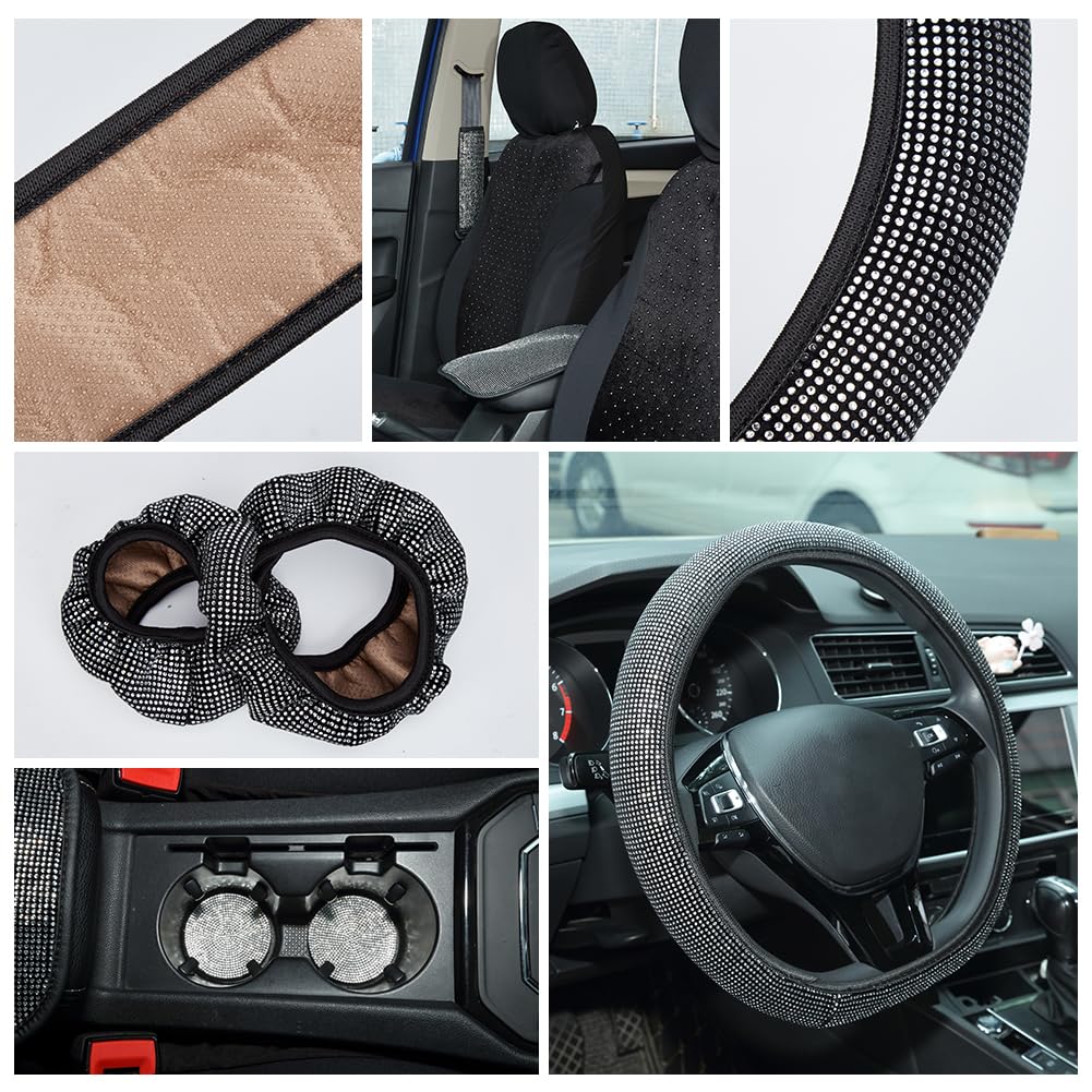 Set di coprisedili per auto Garvee, 15 pezzi, set completo scintillante, coprisedili traspiranti per auto, sedili anteriori, sedili posteriori, nero