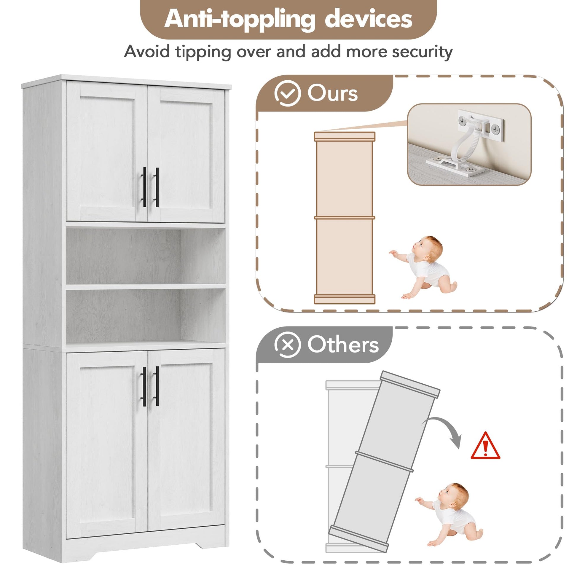 Mobiletto alto da bagno Garvee con 4 ante, ripiani regolabili, MDF, autoportante, bianco, per bagno e cucina, 62,0 cm x 30,2 cm x 170,2 cm