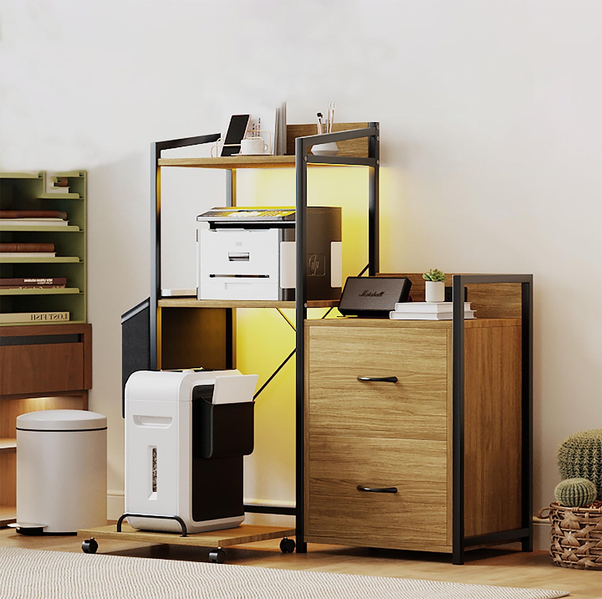 Supporto per stampante Garvee Industrial a 3 livelli con cassetti, luce LED, funzione di ricarica per l'organizzazione dell'ufficio, legno massiccio, robusto e con ampio spazio di archiviazione