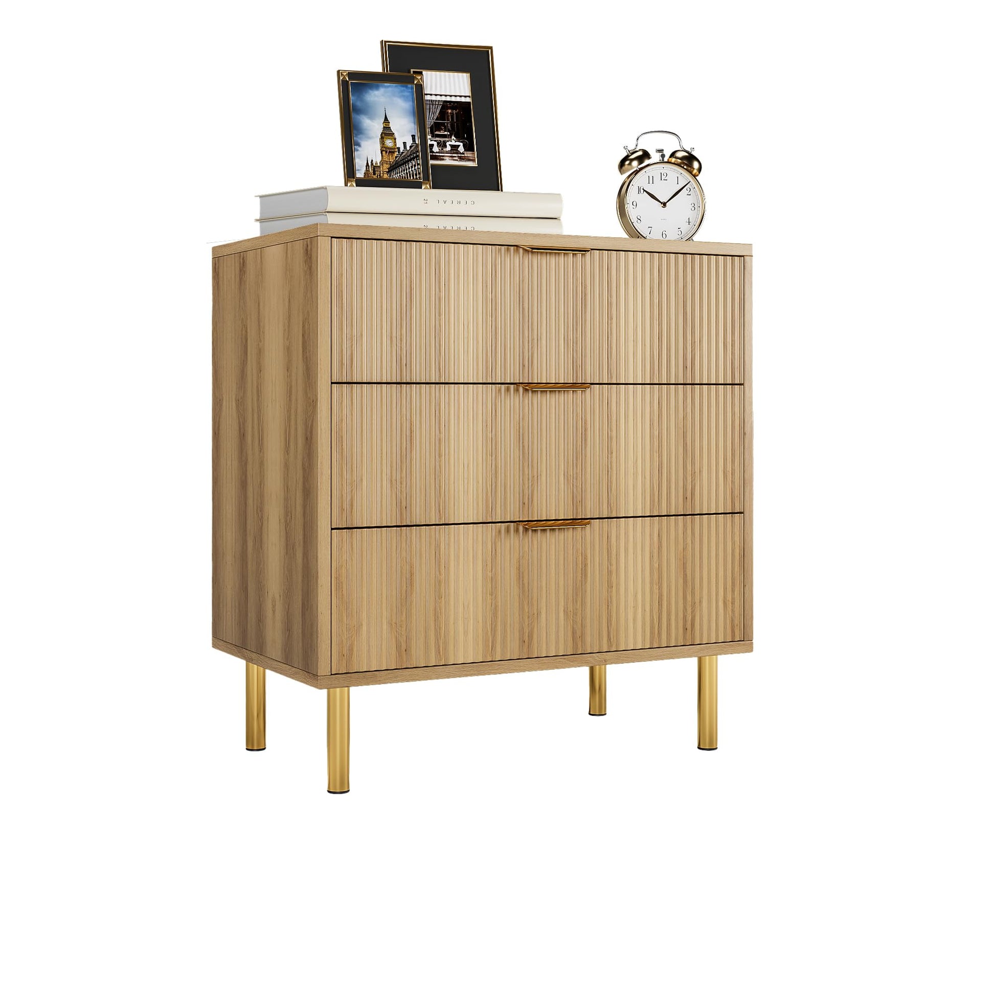 Cassettiera Garvee a 3 cassetti, moderna in legno con gambe in metallo, pannello scanalato, per camera da letto e ufficio, 28"P x 17"L x 30"A, oro