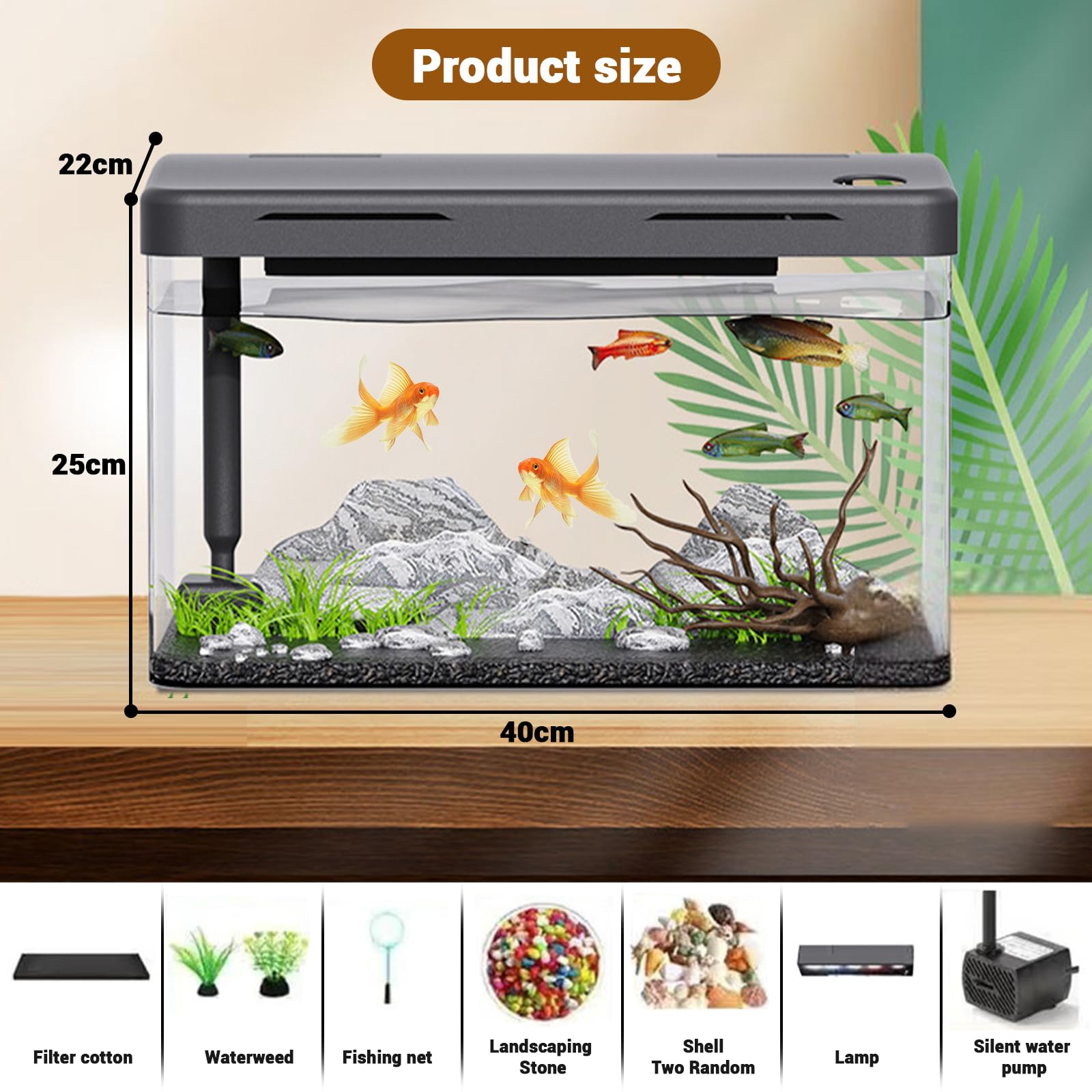 Kit di avviamento per acquario Garvee con filtro e apporto di ossigeno, pompa ultra silenziosa, acrilico, illuminazione a LED, mini rettangolare, decorazione da tavolo