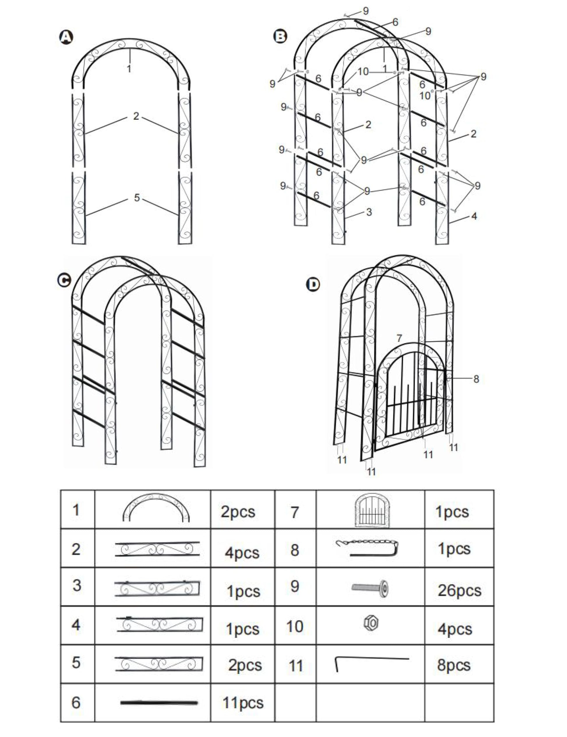 Arco da giardino in acciaio Garvee da 8 piedi, resistente alle intemperie, robusto, elegante, nero, con cancello, ideale per matrimoni e giardino