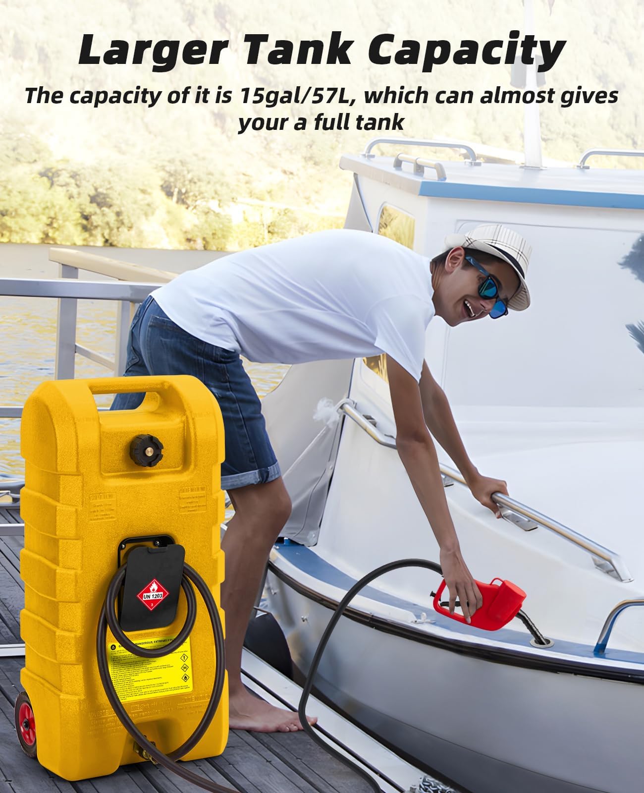 Tanica di benzina Garvee da 15 galloni in HDPE per auto e barche - Gialla con pompa manuale e ugello di spegnimento automatico