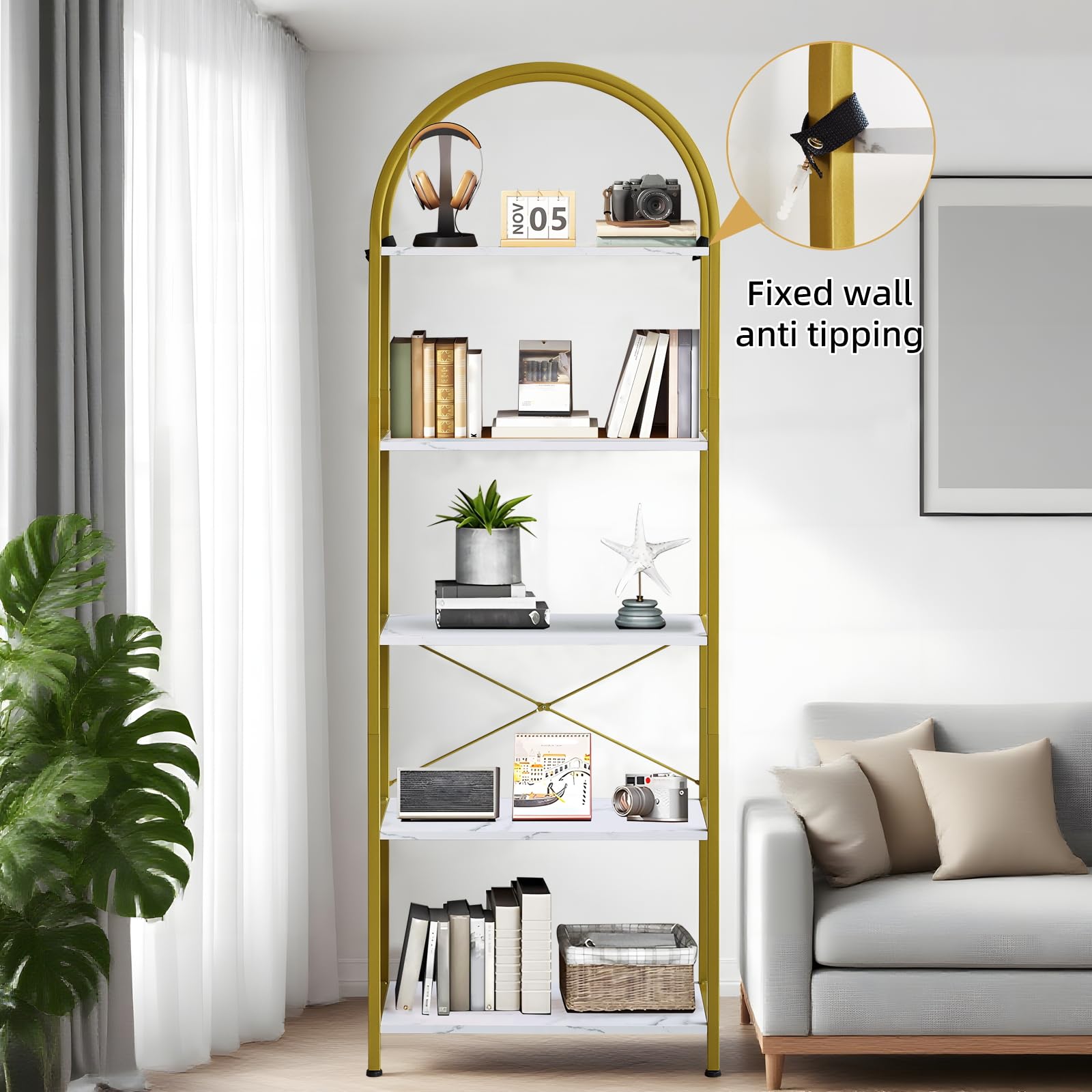 Scaffale curvo Garvee a 5 ripiani con struttura in metallo per soggiorno e ufficio, design moderno, robusto, salvaspazio, truciolato, antigraffio