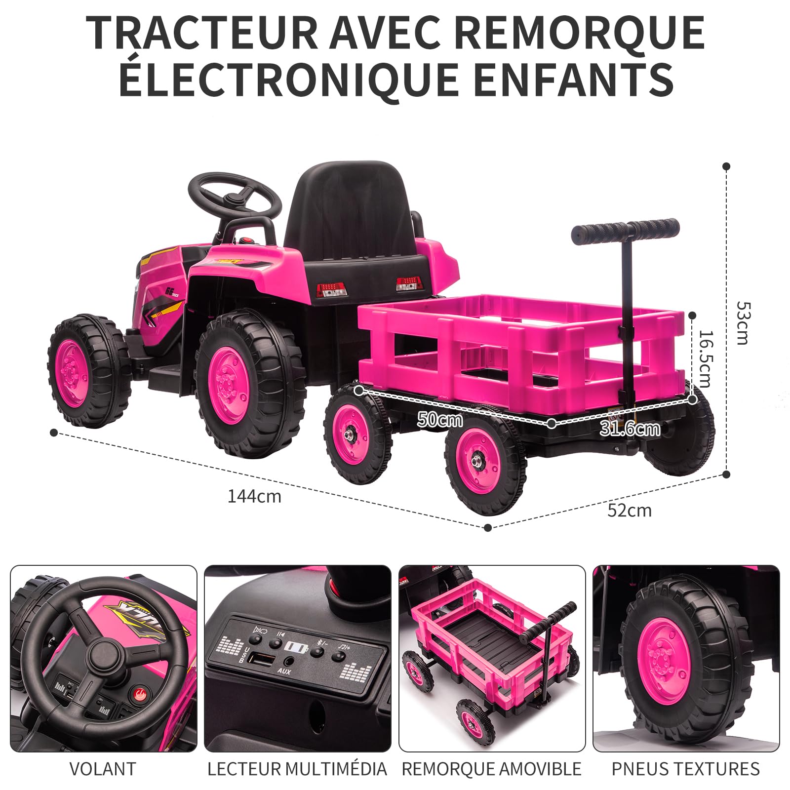 Trattore per bambini Garvee Kids Tractor 12V Twin Motor – Rosa moderno con doppio motore, telecomando per genitori e musica per bambine dai 3 anni in su, da usare nel parco giochi o in giardino.