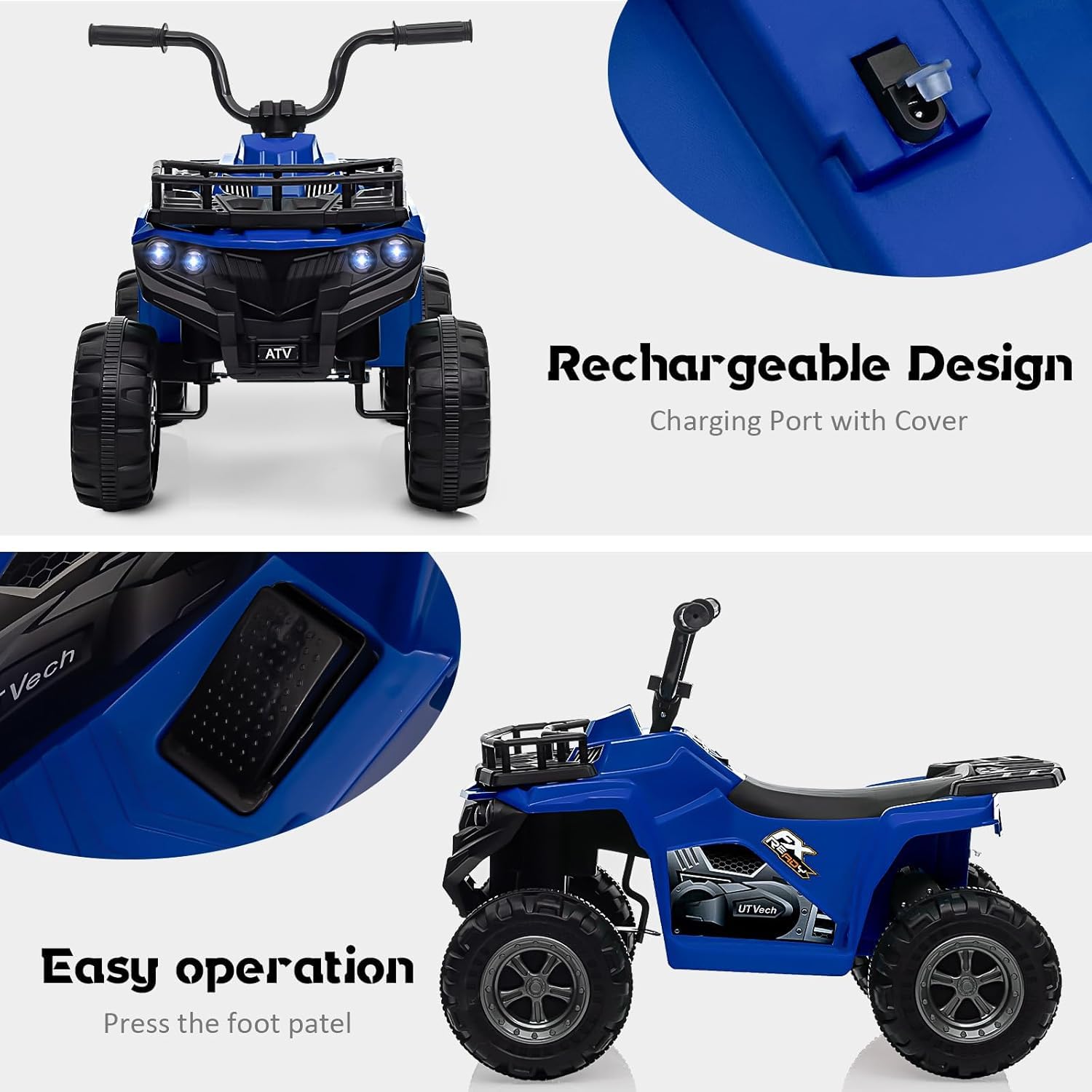 Quad elettrico Garvee 12V per bambini dai 2 ai 5 anni, auto giocattolo elettrica ATV con luci a LED, musica e design antiurto, giocattolo robusto per esterni, controllo sicuro della velocità