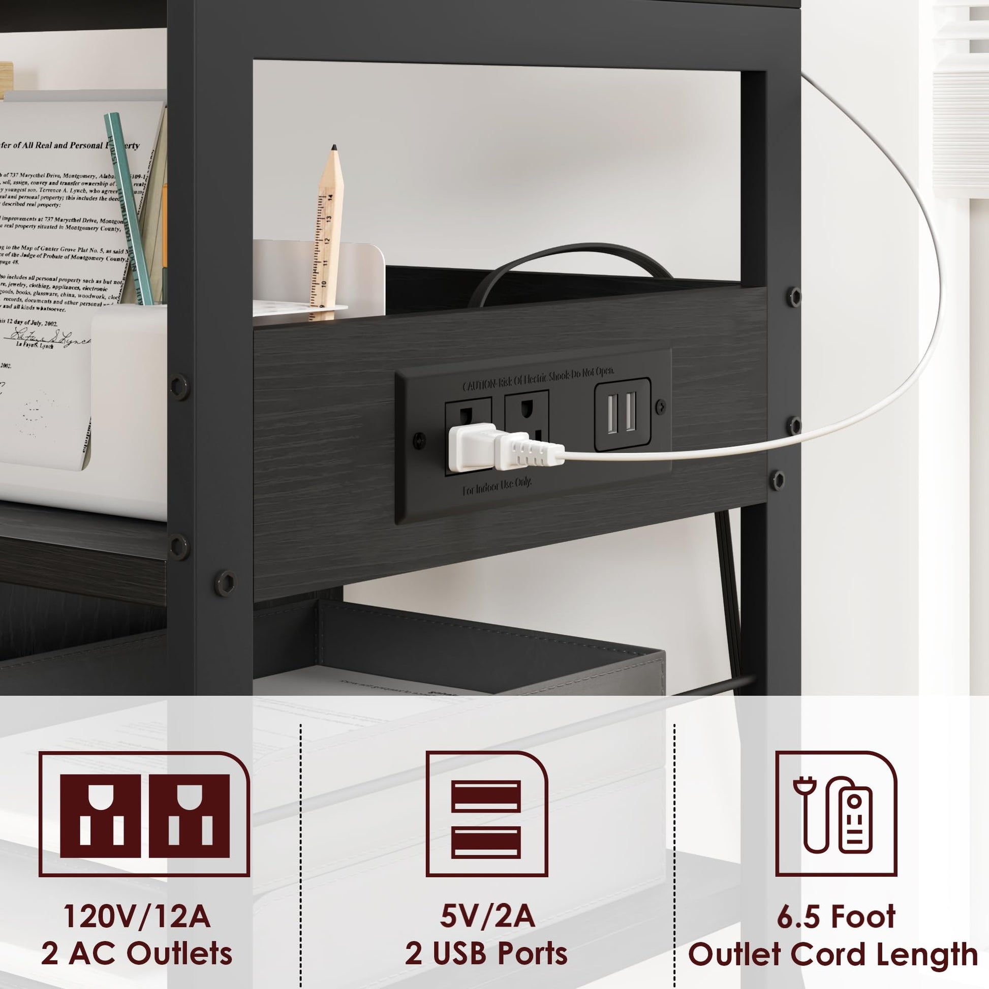Tavolo porta stampante mobile Garvee di grandi dimensioni con prese di corrente e USB, carrello a 4 ripiani, struttura in metallo, pannello in MDF, ruote con bloccaggio per ufficio e soggiorno, 23,66" L*15,76" W*31,86" H, nero