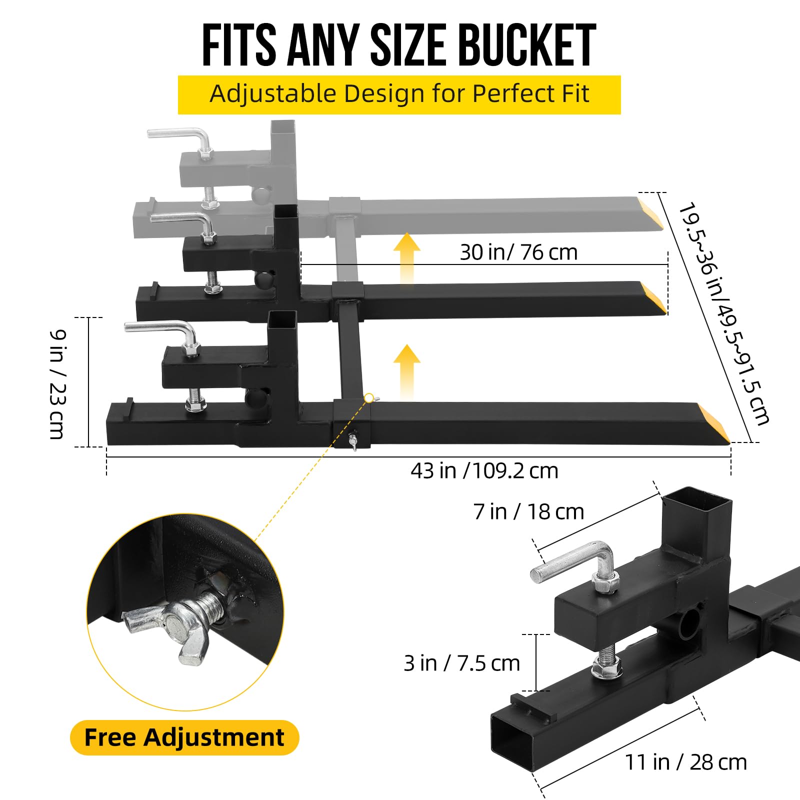 Forche per pallet con morsetto Garvee da 43 pollici e 2500 libbre, resistenti, con barra stabilizzatrice regolabile, per trattori e pale gommate, in acciaio ad alta resistenza, nere