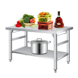 Garvee Tavolo Pieghevole in Acciaio Inox 91x61 cm con Piedini Regolabili e Ripiano Inferiore per Cucina e Officina, Mobile o Fisso, Doppio Piano, Argento