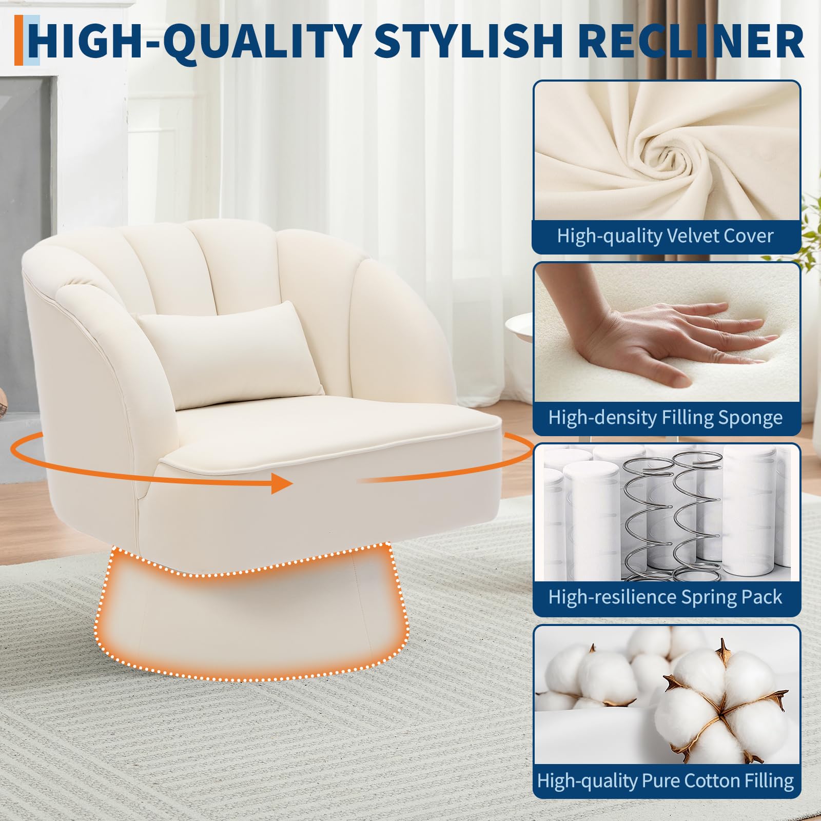 Poltrona girevole moderna Garvee a forma di botte, con rivestimento in velluto beige a 360°, per soggiorno e camera da letto