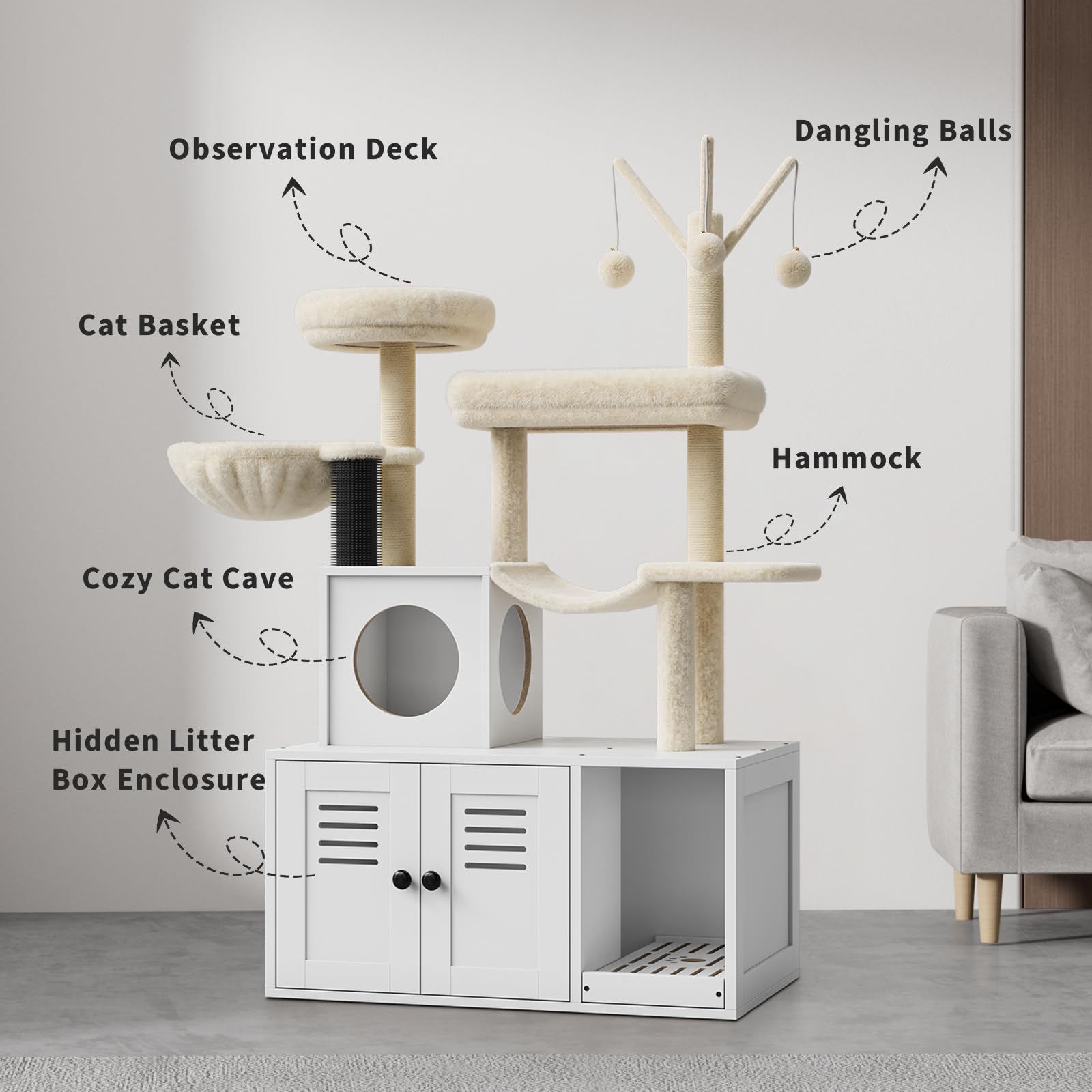 Garvee Cat House con tiragraffi e nascondiglio per lettiera, tiragraffi in sisal, più livelli, bianco, per soggiorno