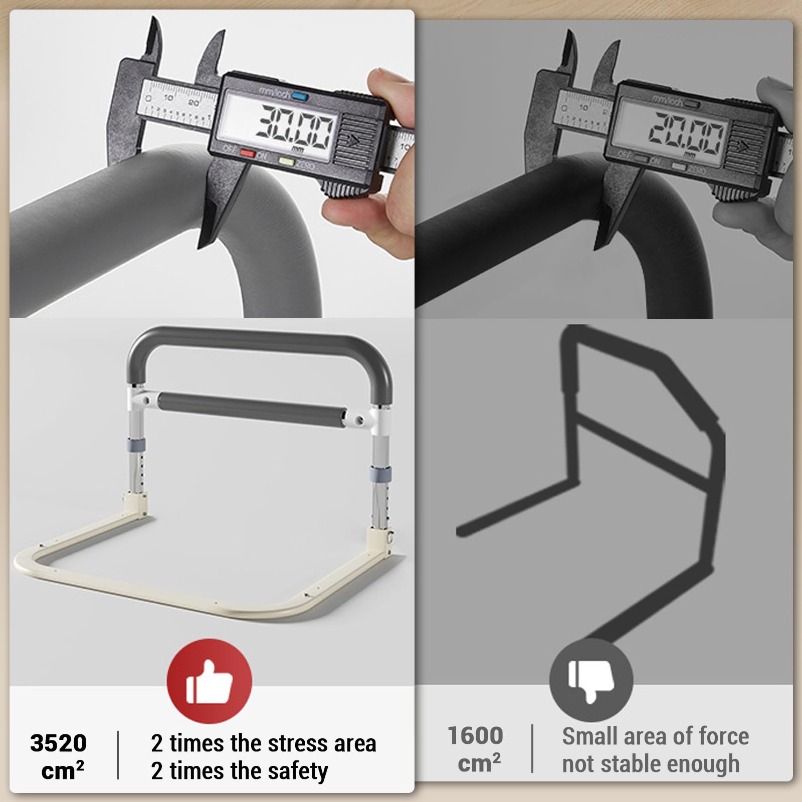 Sponda per letto Garvee per anziani, regolabile in altezza, grigio bianco, 64x55x36.5~43.5 cm, protezione anticaduta, robusta e sicura