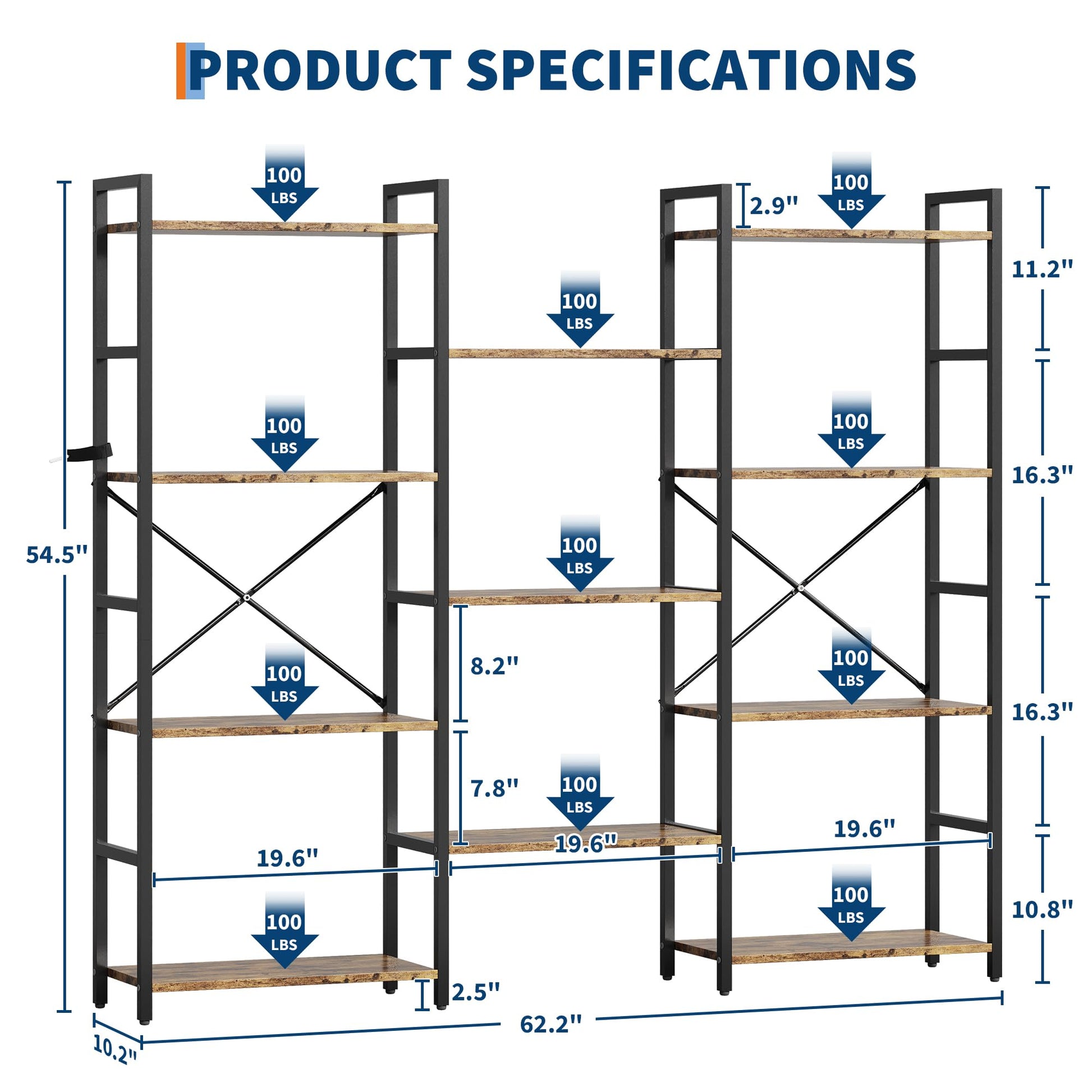 Libreria Garvee Industrial a 4 ripiani con struttura in metallo, grande e robusta mensola per soggiorno e ufficio, marrone rustico, versatile