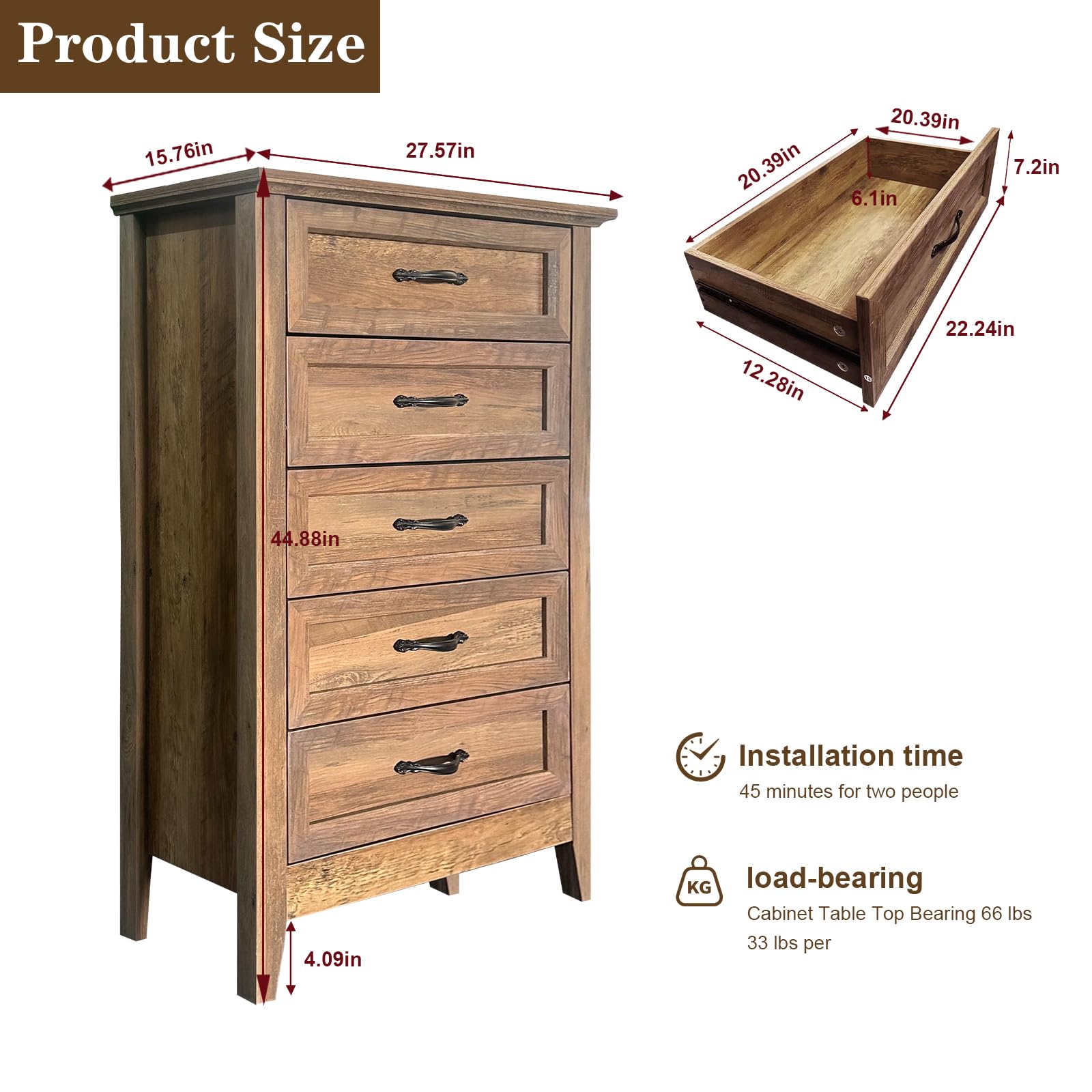 Cassettiera Garvee Farmhouse, 5 cassetti, legno vintage, impermeabile, camera da letto, soggiorno, 39,9x69,9x113,8 cm marrone