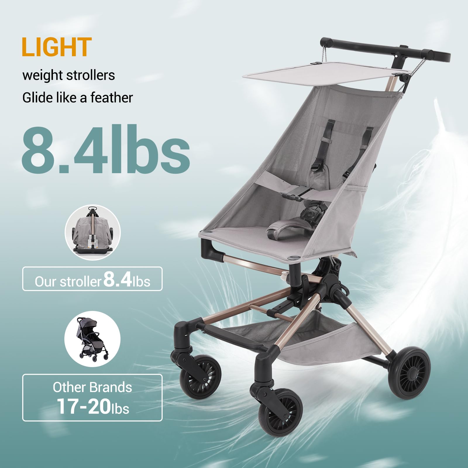 Passeggino leggero Garvee, compatto e pieghevole, con borsa da viaggio per città e viaggi, 18,5x17,7x19,3 pollici, grigio