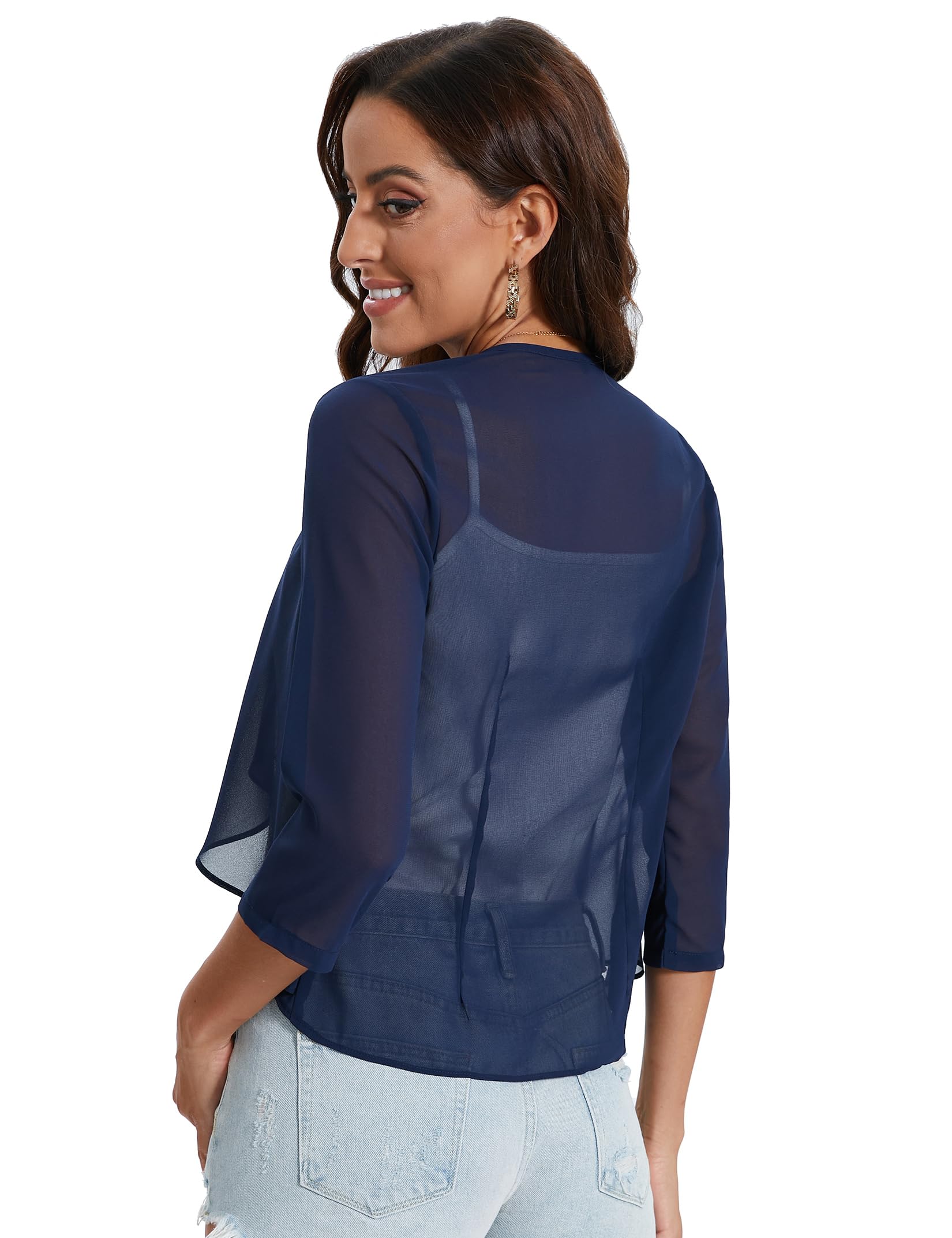Garvee Bolero estivo da donna in chiffon, cardigan, manica 3/4, blu navy, elegante e leggero, taglia XL