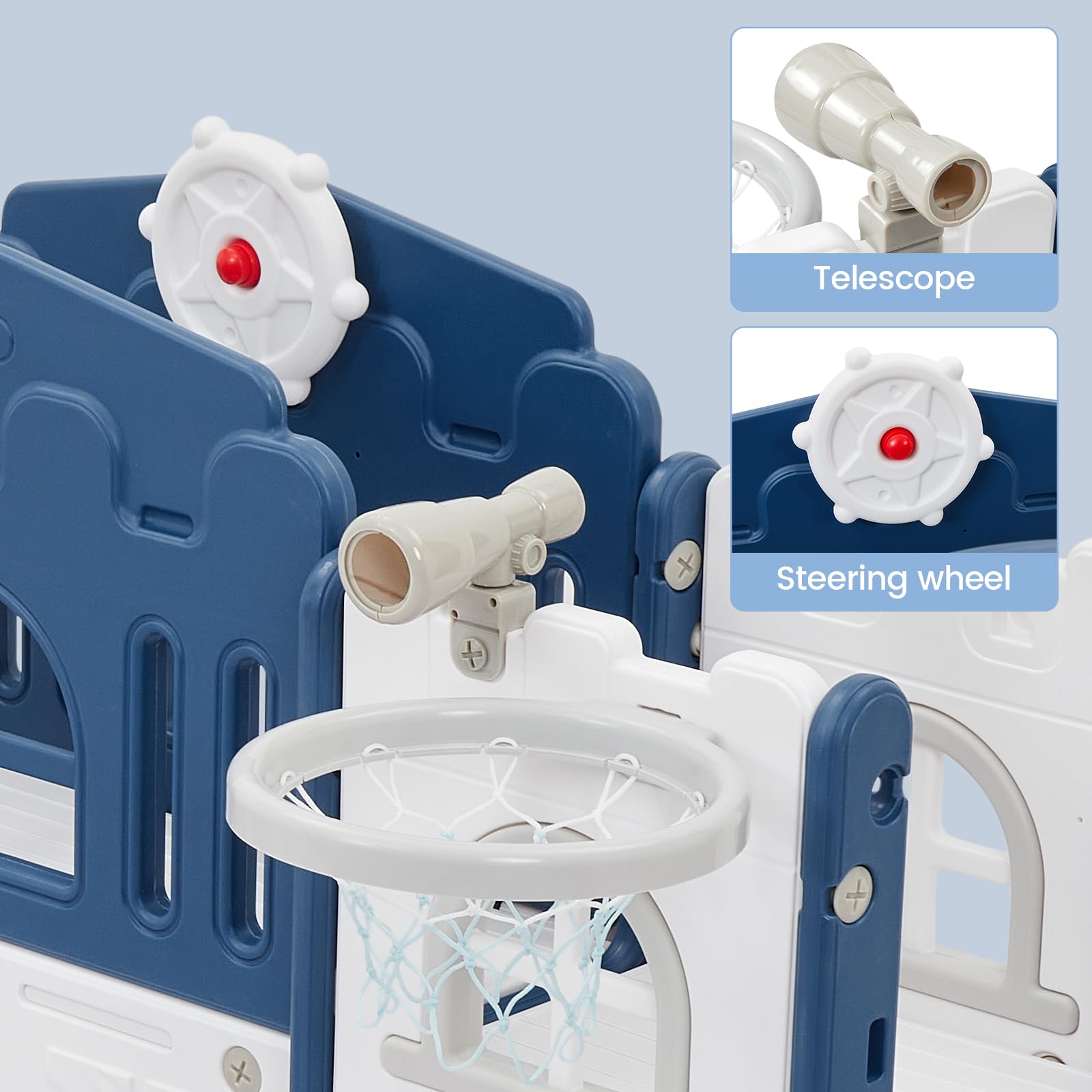 Garvee 8 in 1 Scivolo per bambini, parco giochi al coperto con canestro da basket, scala di arampicata, tunnel, telescopio, PP resistente per soggiorno e giardino, compatto, multicolore