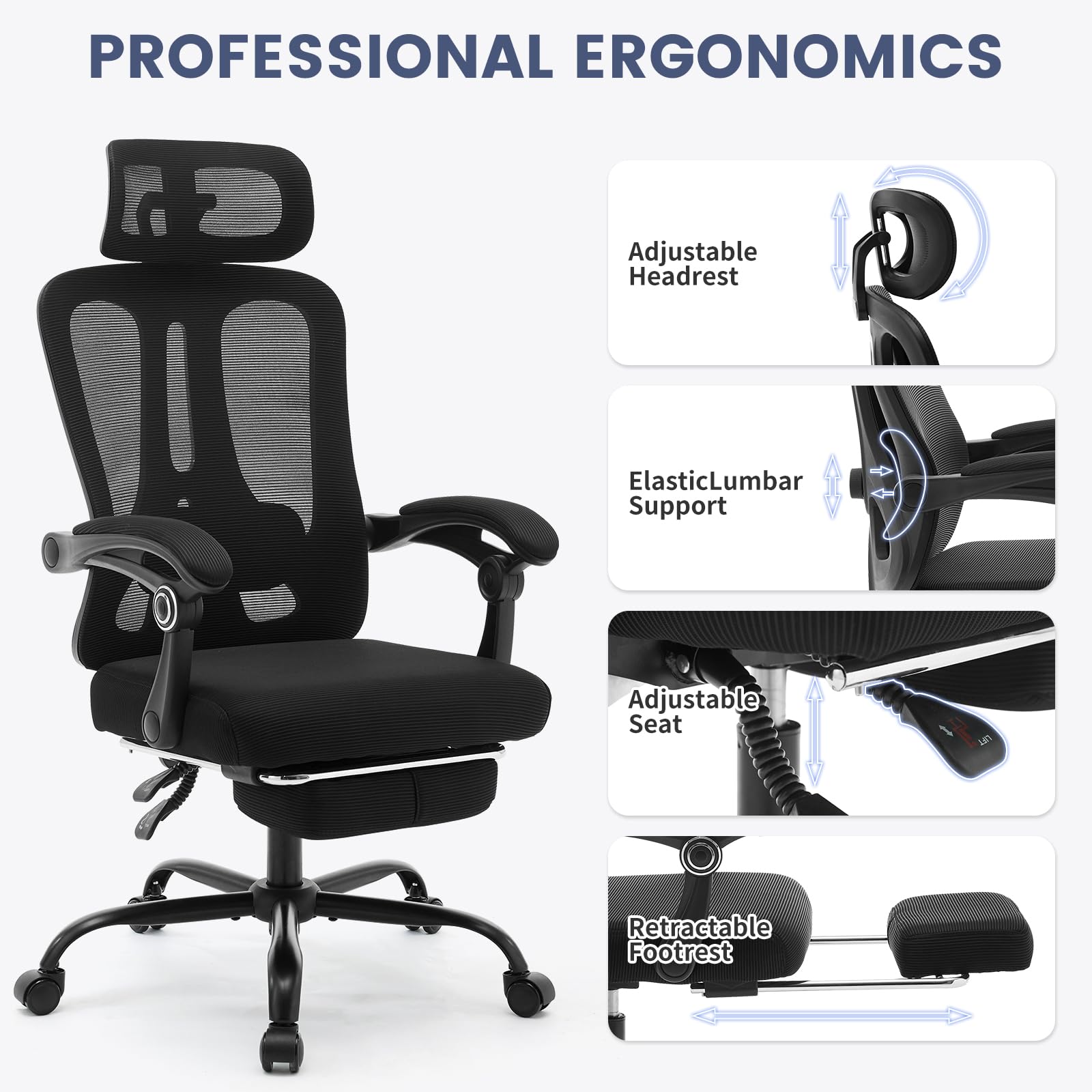 Sedia da ufficio ergonomica Garvee con supporto lombare regolabile, poggiapiedi, rete traspirante per ufficio e gaming, regolabile, nera