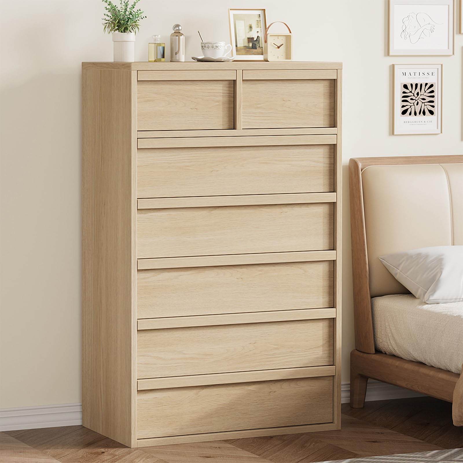 Cassettiera Garvee a 7 cassetti, rovere naturale, per camera da letto, altezza 46 pollici, robusta, design moderno