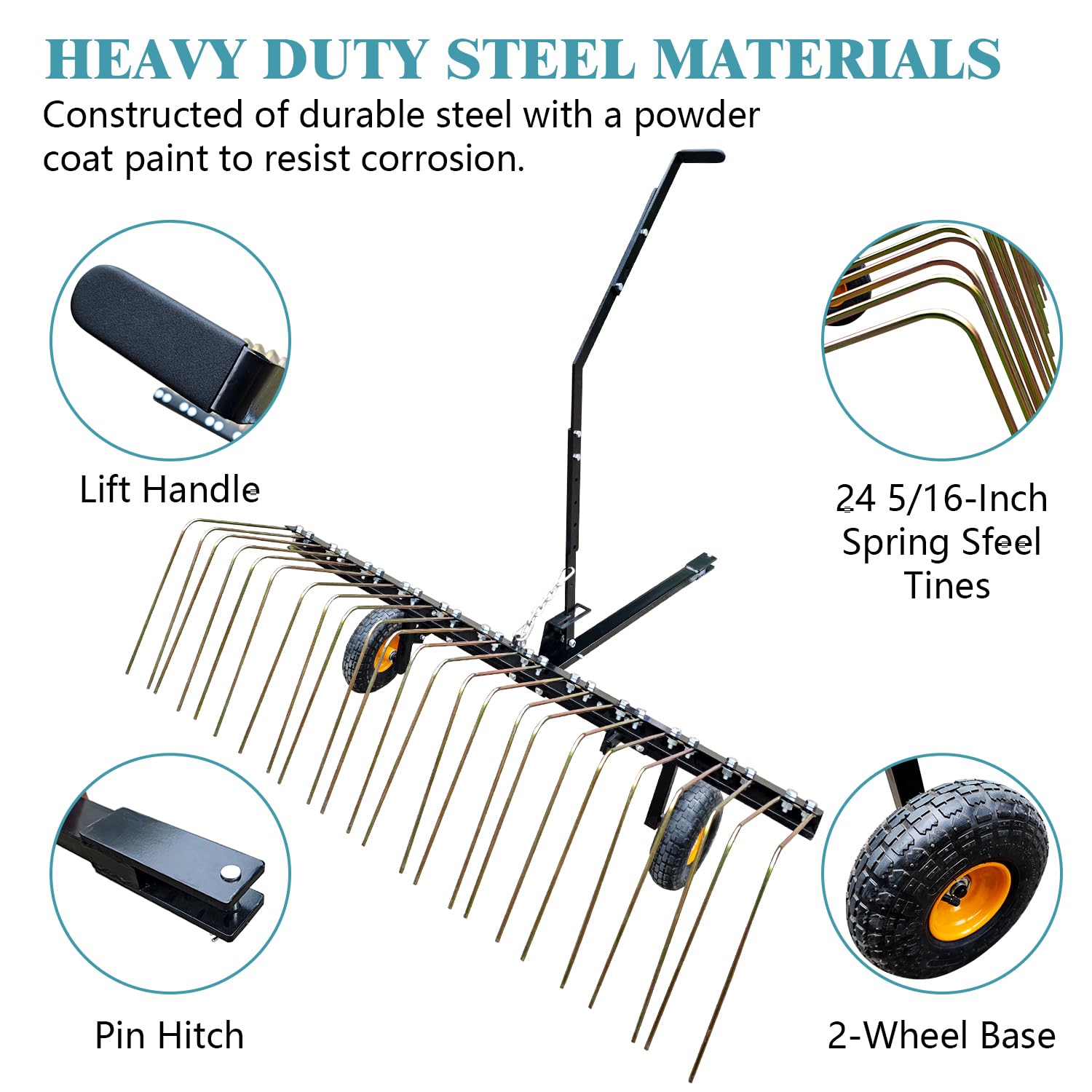 Rastrello per Paglia Garvee Pine 60" - Ideale per Festa del Papà | 24 Denti Acciaio, Telaio Robusto, Maniglia per ATV/Tosaerba, Cura Prato Foglie Aghi