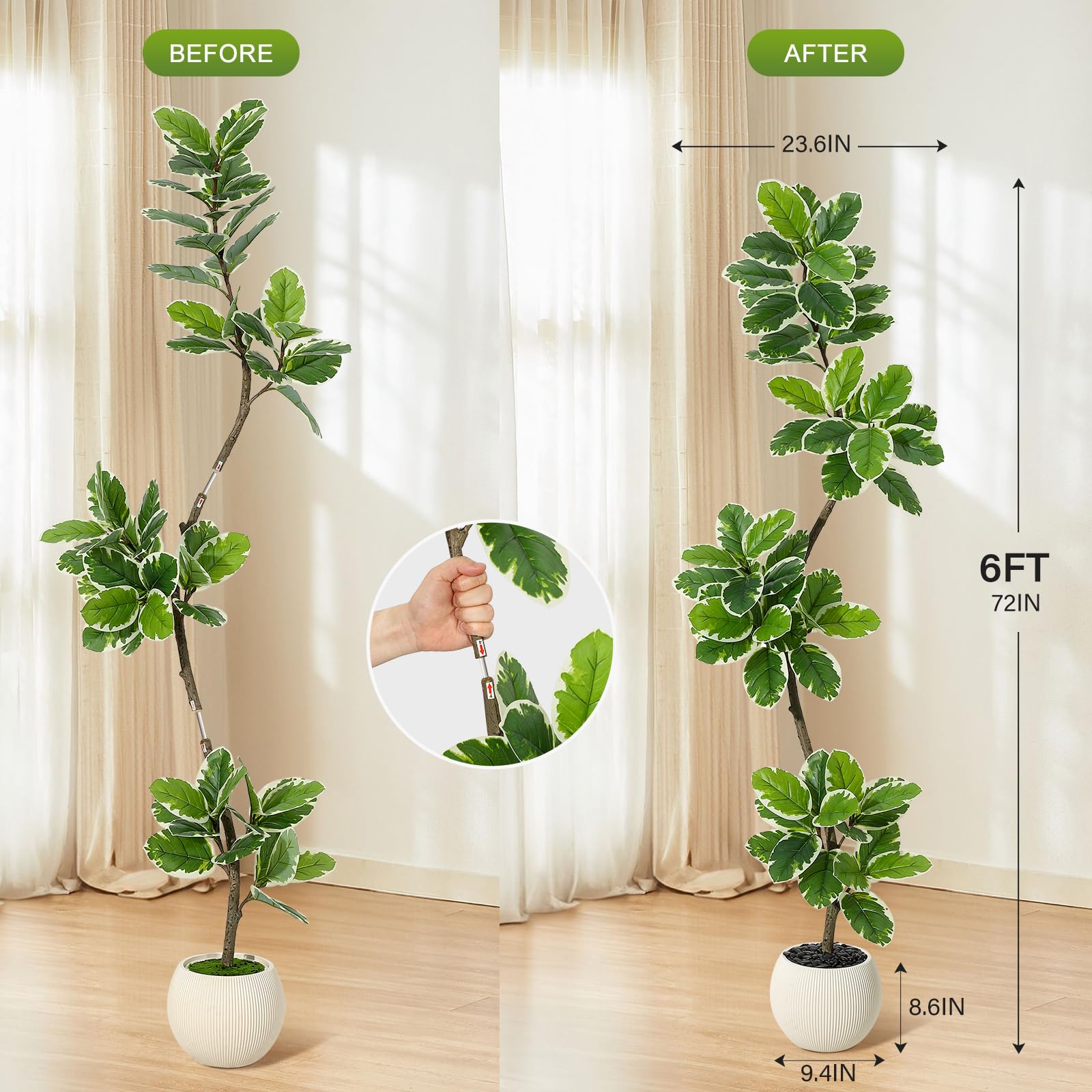 Albero di fico artificiale Garvee a foglia di violino da 6 piedi con fioriera a sfera, decorazione in muschio, foglie flessibili per soggiorno e ufficio, facile da pulire, verde