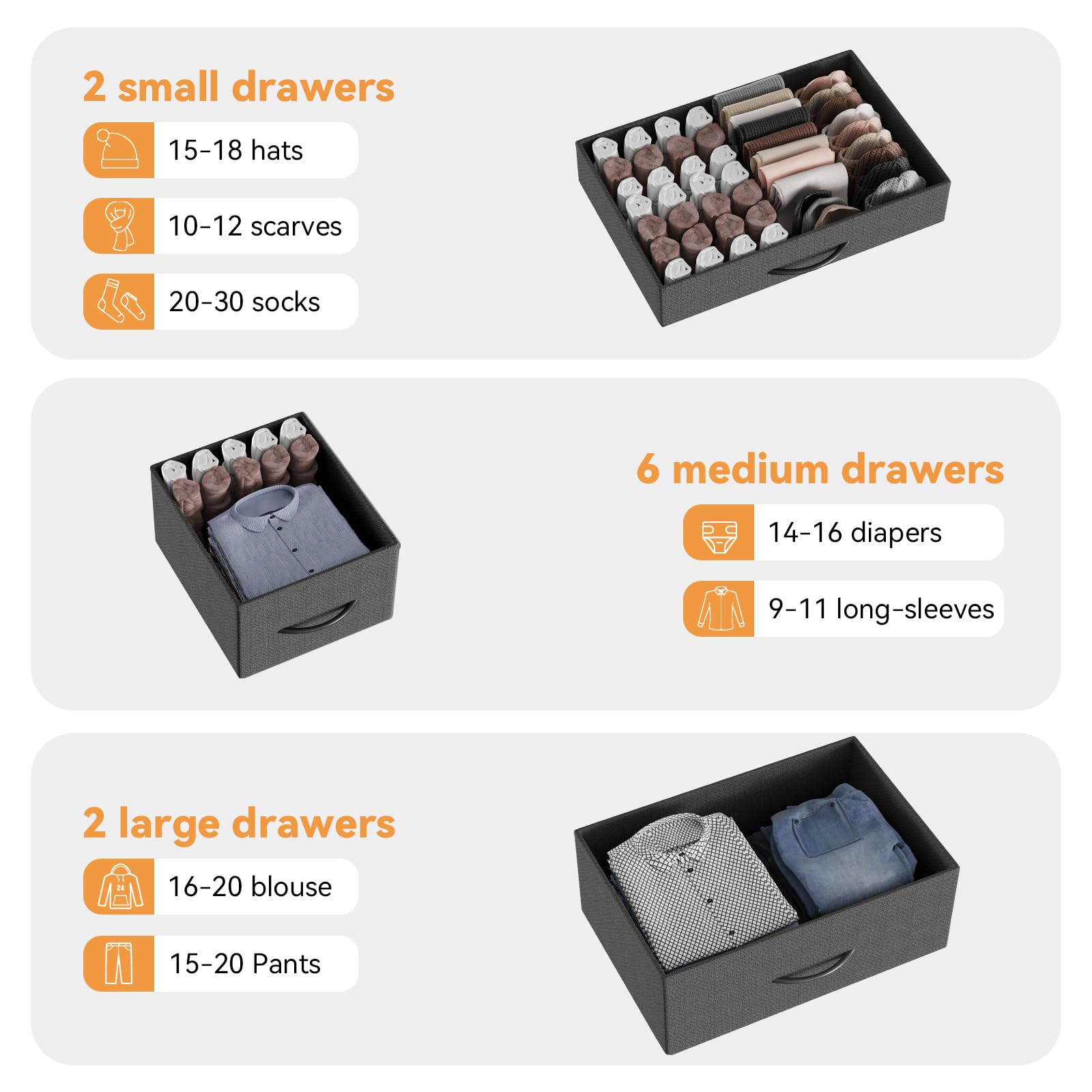 Cassettiera GARVEE con cassetti, credenza con 10 cassetti in tessuto e 3 prese di corrente, cassettiera per soggiorno, credenza per ingresso, mobile contenitore con rivestimento in tessuto, robusta struttura in metallo, piano in legno