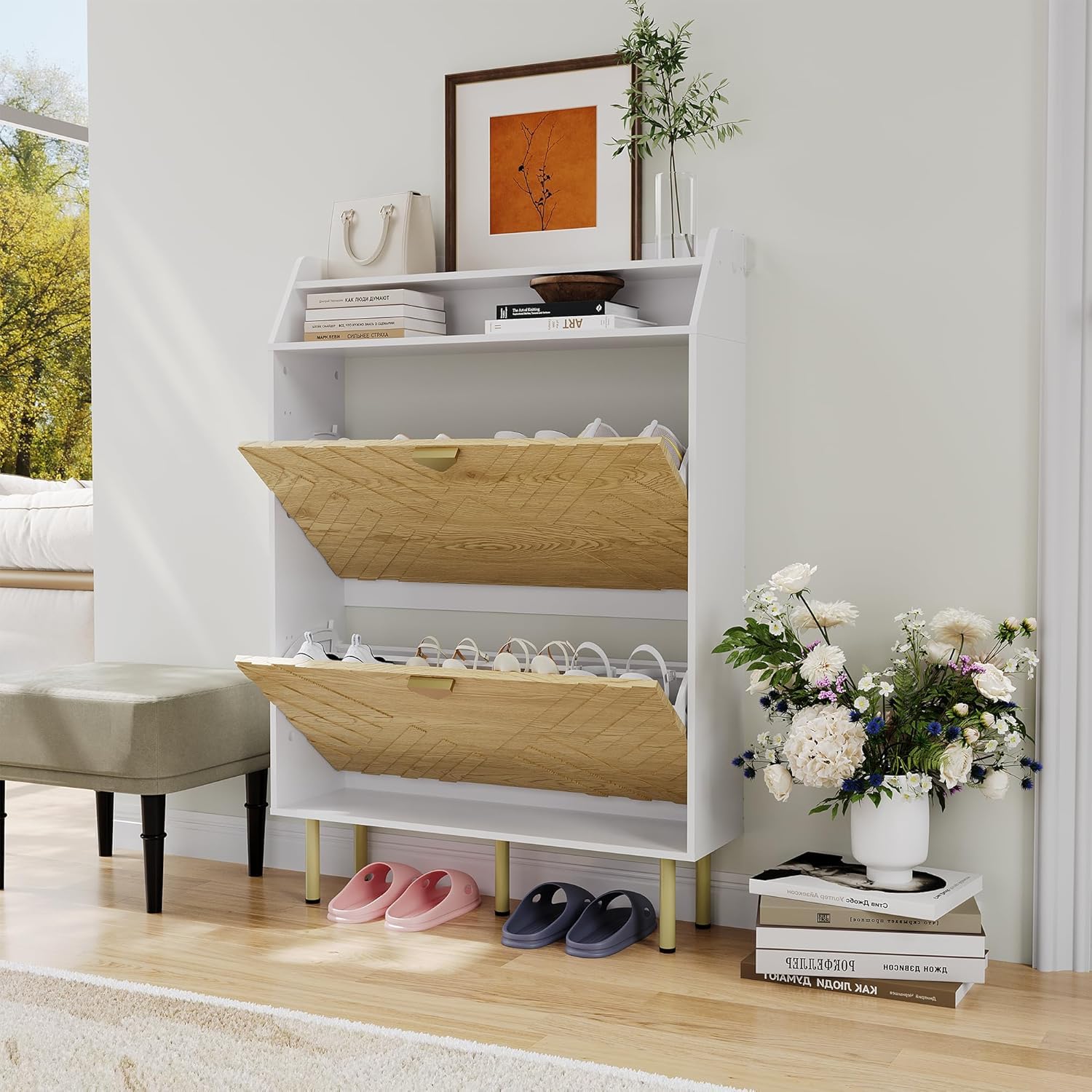 Scarpiera Garvee con 2 cassetti a scomparsa, organizer per scarpe stretto per corridoio e ingresso, legno bianco, indipendente, robusto, salvaspazio