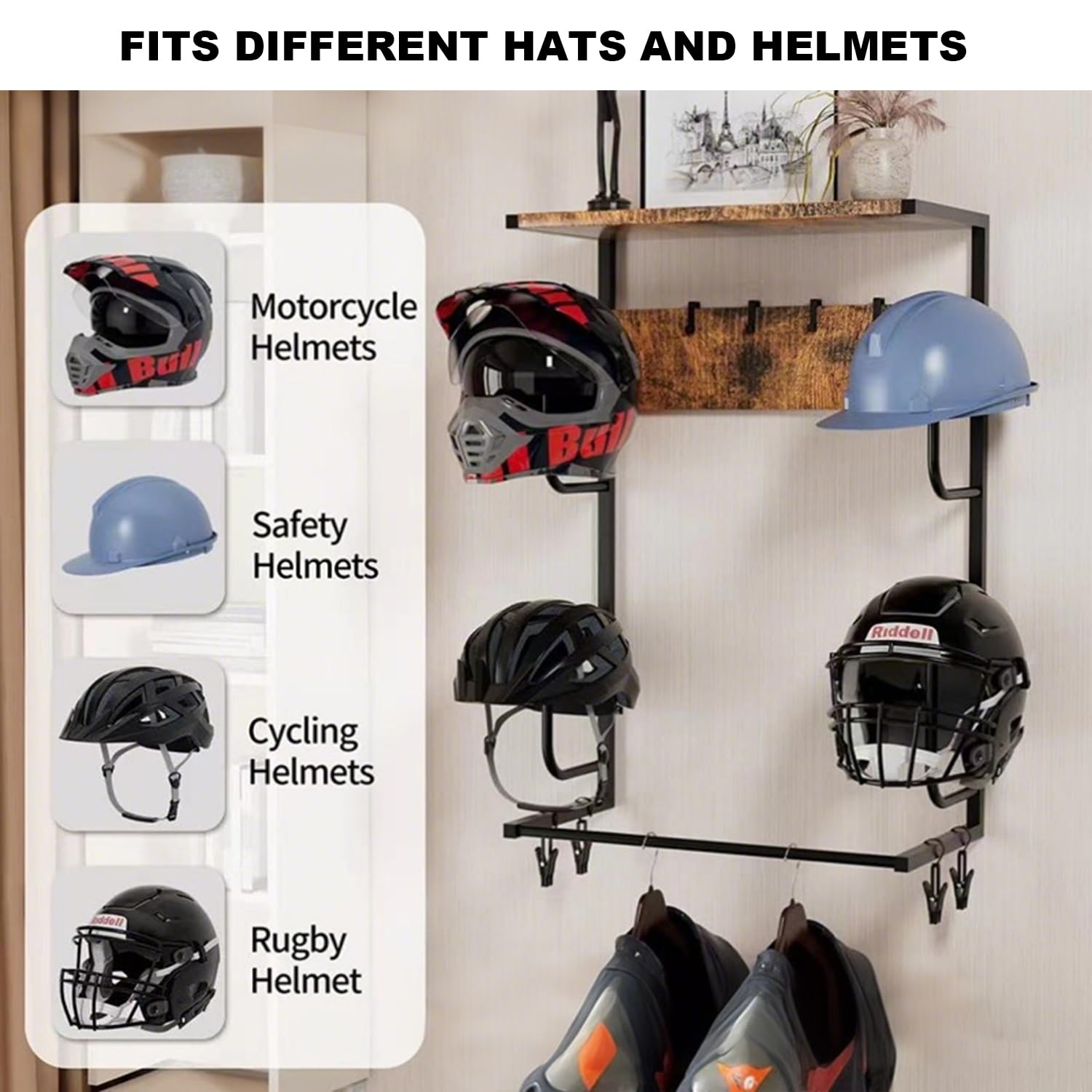 Supporto da parete per casco da moto Garvee con 4 caschi, ganci per guanti, metallo e legno, per garage e ingresso, robusto, salvaspazio