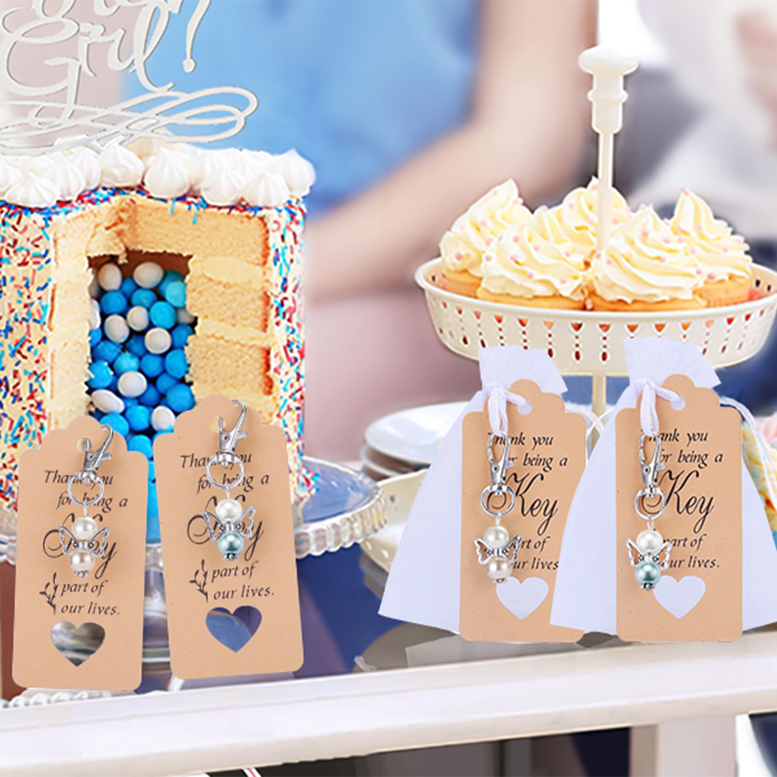 Portachiavi a forma di angelo Garvee da 20 pezzi con sacchetti in organza e biglietti di ringraziamento per battesimi, baby shower, matrimoni, regali per feste, argento