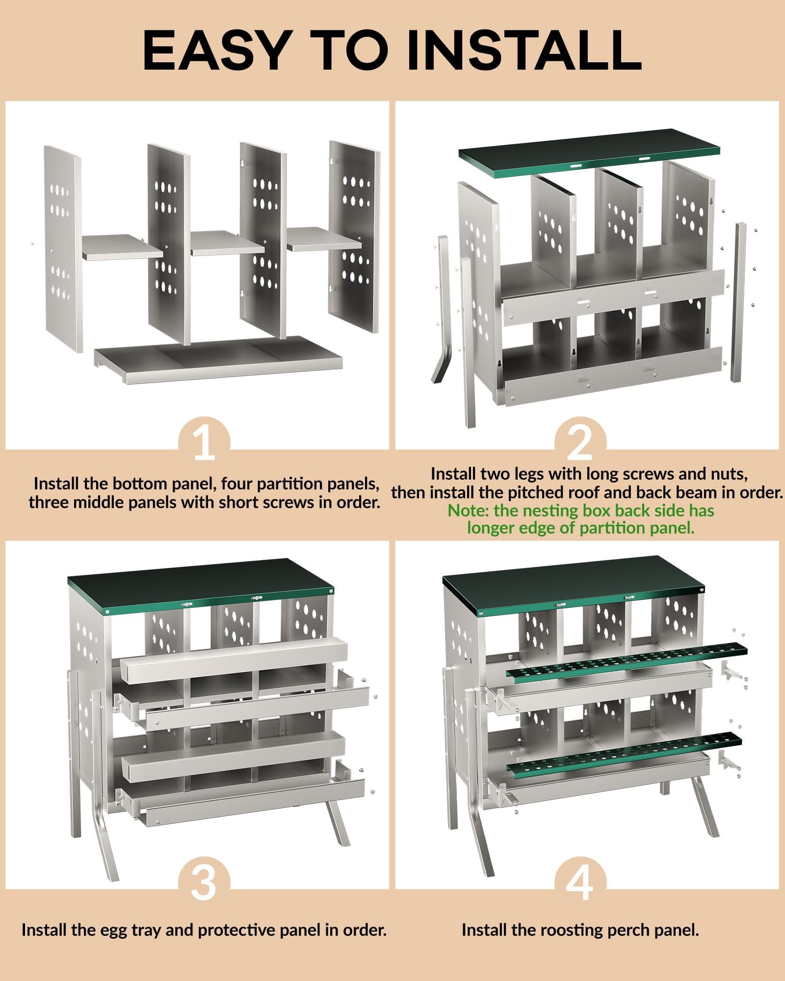Nidi per galline Garvee, 6 scomparti, in metallo, impermeabili, antiruggine, con ventilazione, trespolo e vassoio portauova mobile per piccoli giardini