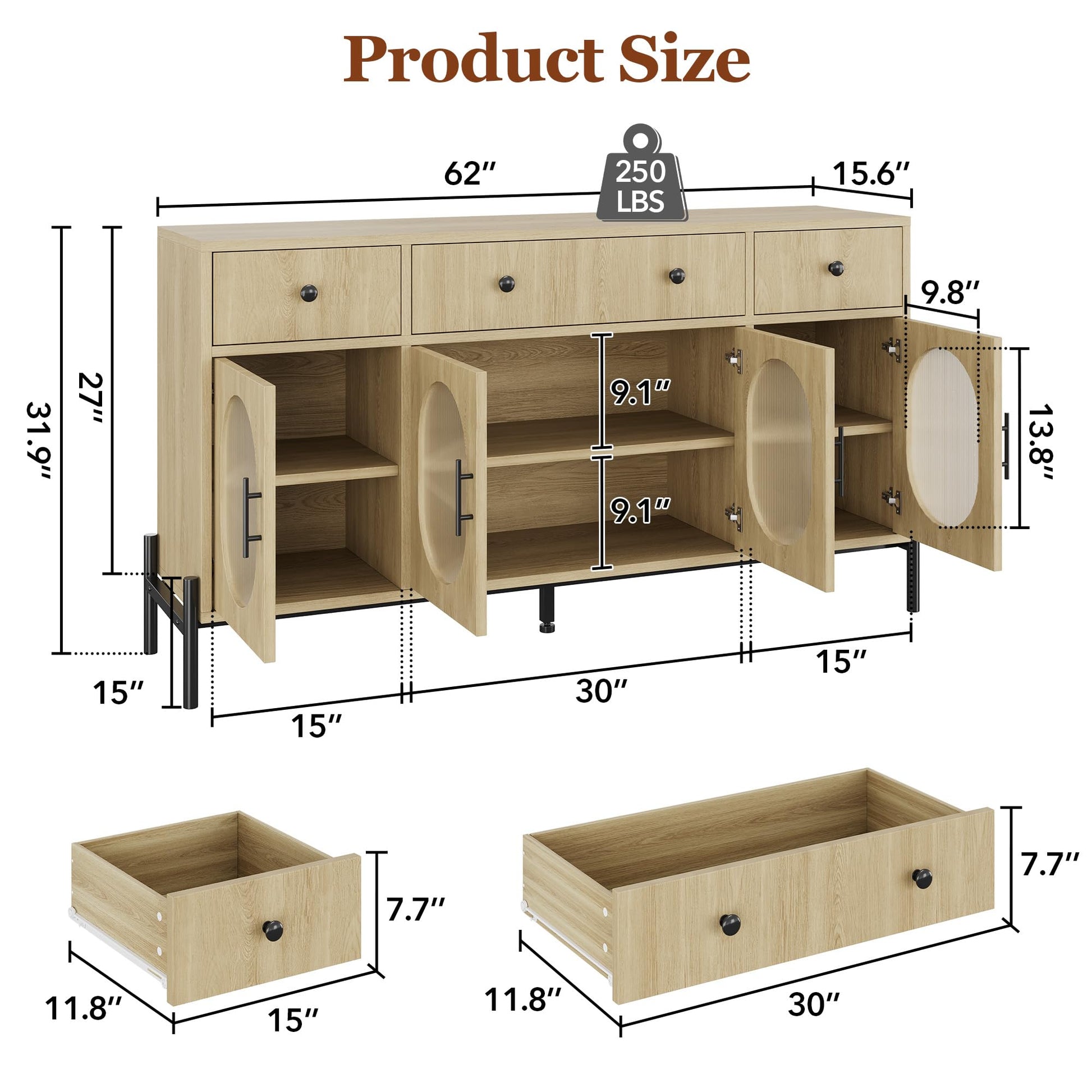 Credenza Garvee da 62 pollici con 3 cassetti e 4 ante in vetro per sala da pranzo e cucina, legno robusto, toni naturali, ripiani regolabili, dispositivo antiribaltamento