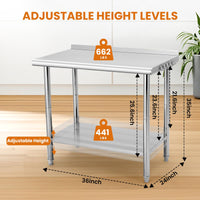 Tavolo da lavoro in acciaio inossidabile Garvee 36 x 24 x 35 pollici - Banco da lavoro professionale resistente con ganci e regolazione dell'altezza per cucina, officina o spazio commerciale