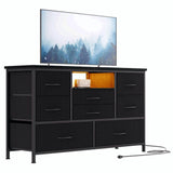 Mobile TV Garvee a 8 cassetti con illuminazione a LED e presa di corrente per soggiorno e camera da letto, in legno MDF, grande, leggero, gestione dei cavi - Nero