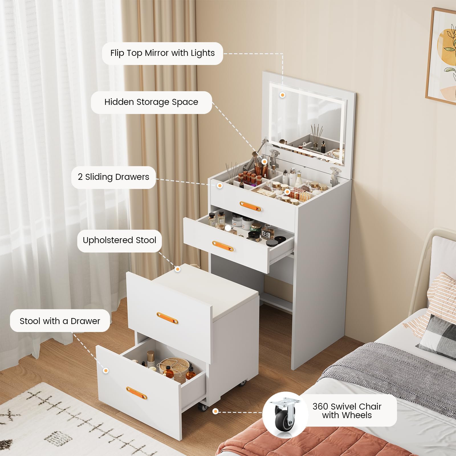 Garvee Vanity 3 in 1 SP-VC-3 Bianco - Multifunzionale, Compatto - Perfetto per Bagno o Camera da Letto