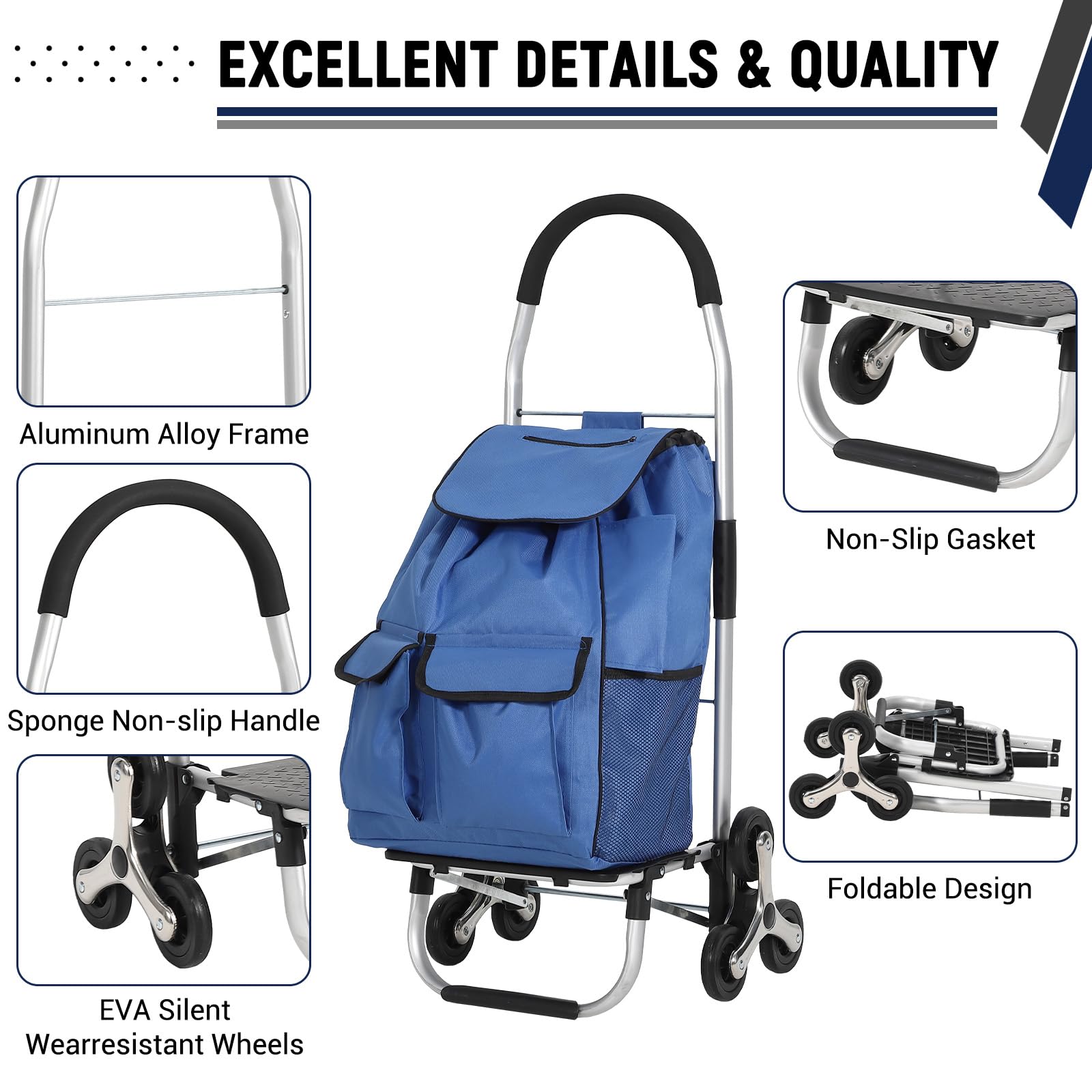 Carrello della spesa pieghevole 3 in 1 Garvee con saliscale a 6 ruote, borsa in tessuto Oxford da 36 litri, leggero ed ergonomico, per la spesa e il giardino, capacità di carico di 176 libbre, nero