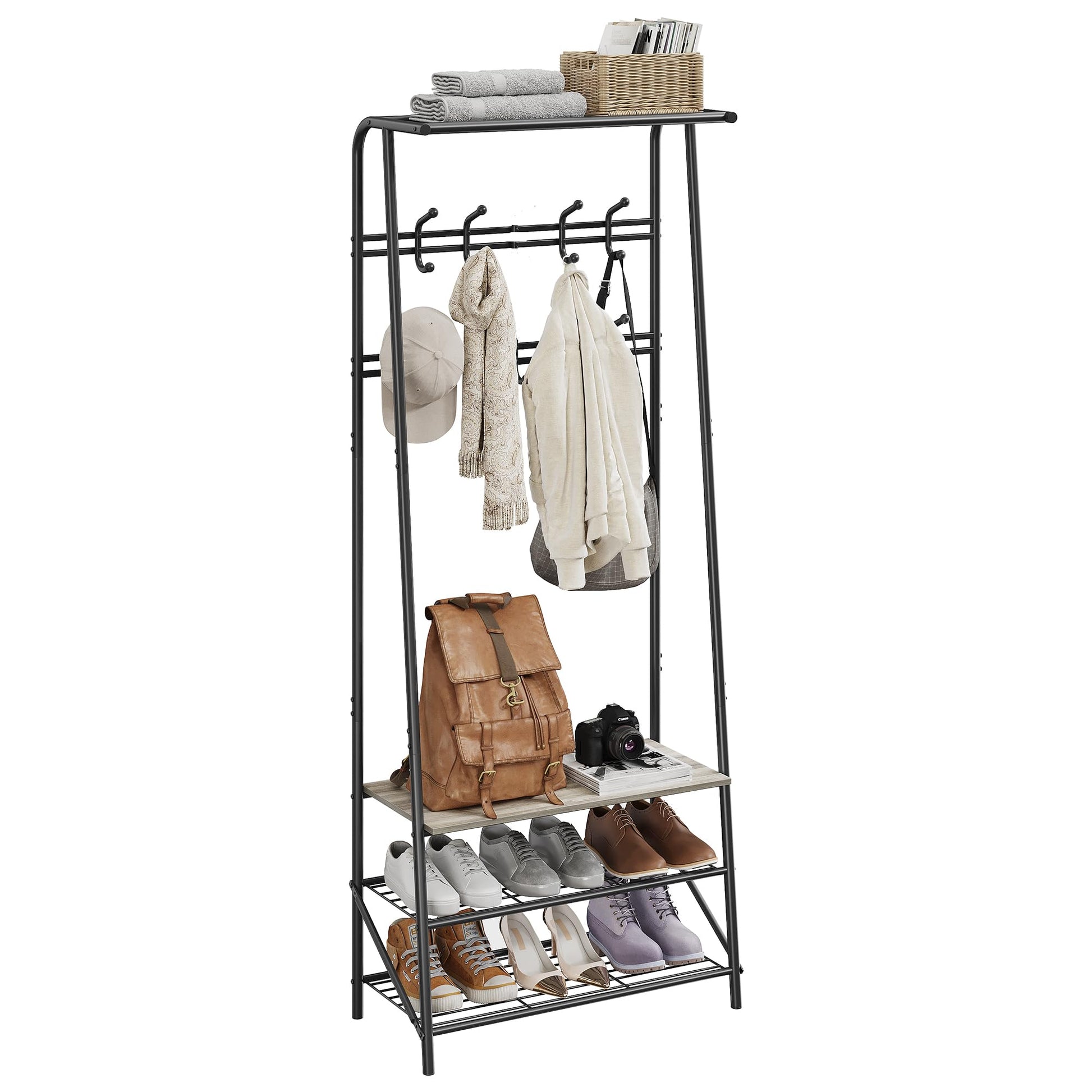 Panca multifunzionale per corridoio Garvee 4 in 1 – con 8 ganci, scarpiera, struttura in metallo effetto legno, robusta e pratica per corridoio e ingresso