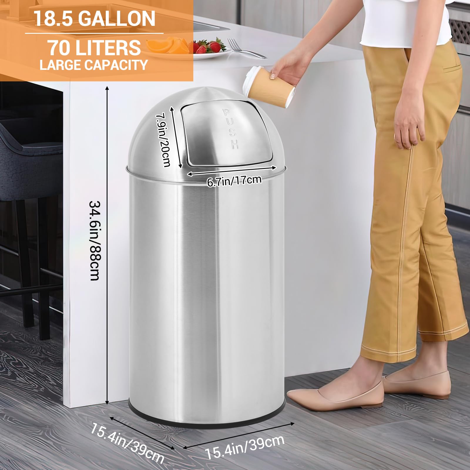 Pattumiera Garvee in acciaio inox da 18,5 galloni con coperchio a pressione per uso commerciale e all'aperto, 15,4x15,4x34,6 pollici, antiruggine