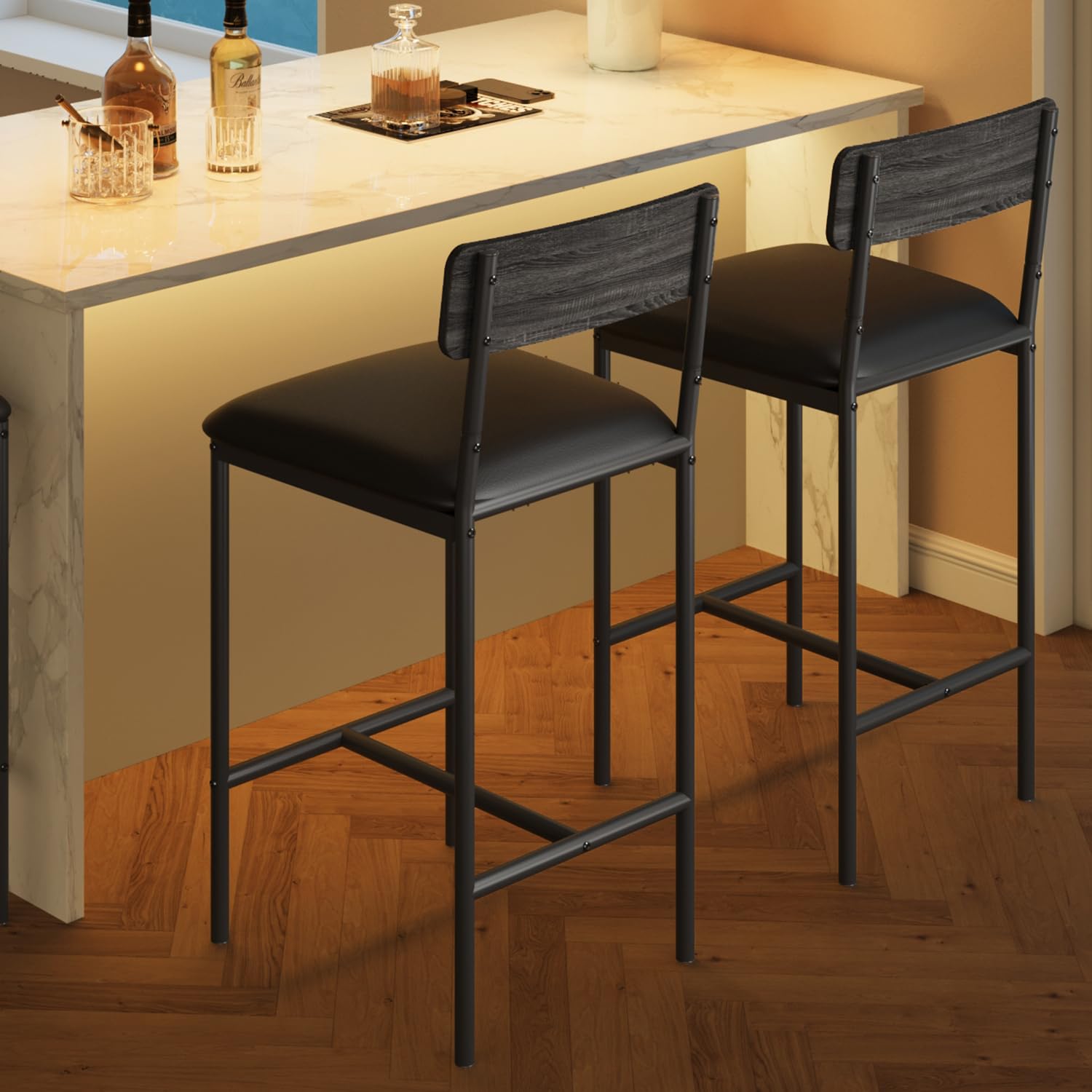 Set di 2 ripiani nel bar Garvee con binari e poggiapiedi, imbottiti, robusti MDF e acciaio, grigio rustico, per cucina isola e bar