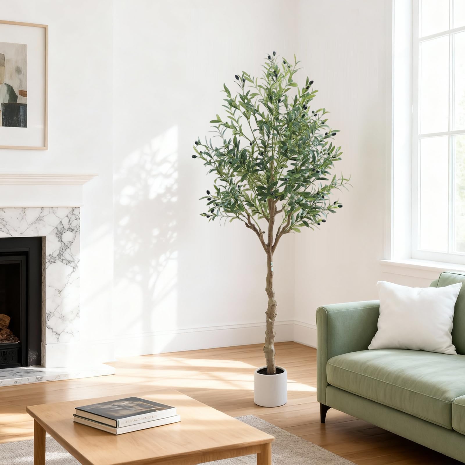 Albero di ulivo artificiale Garvee alto 180 cm, vaso bianco, realistico, resistente ai raggi UV, decorazione per interni, soggiorno, ufficio, giardino